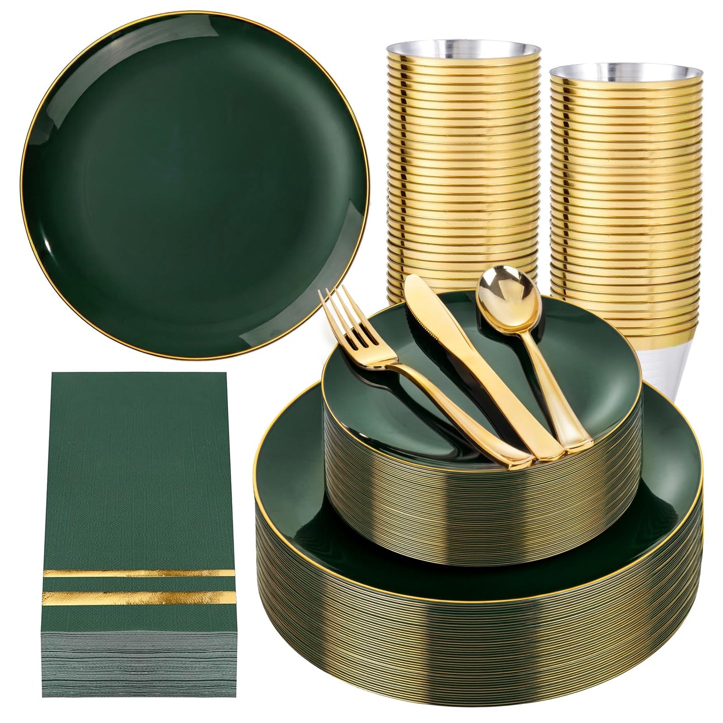 NOCCUR 350PCS Green Plastic Plates - Disposable Green Gold Dinnerware Set for 50 Guests, 100 Dinner/Dessert Plates, 150 Gold Silverware, 50 Cups&50 Napkins for Party ＆ Wedding ＆ World Cup 2026