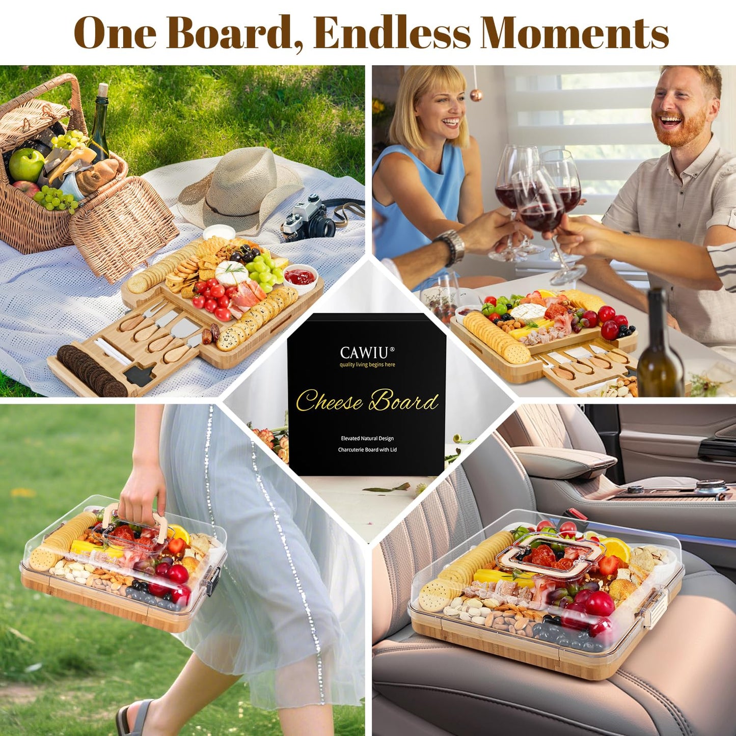 Premium Charcuterie Board with Lid – Bamboo Cheese Board Set with Utensils, Drawer & Fruit Tray – House Warming Gifts New Home, Wedding, Birthday, Bridal Shower (Cream)