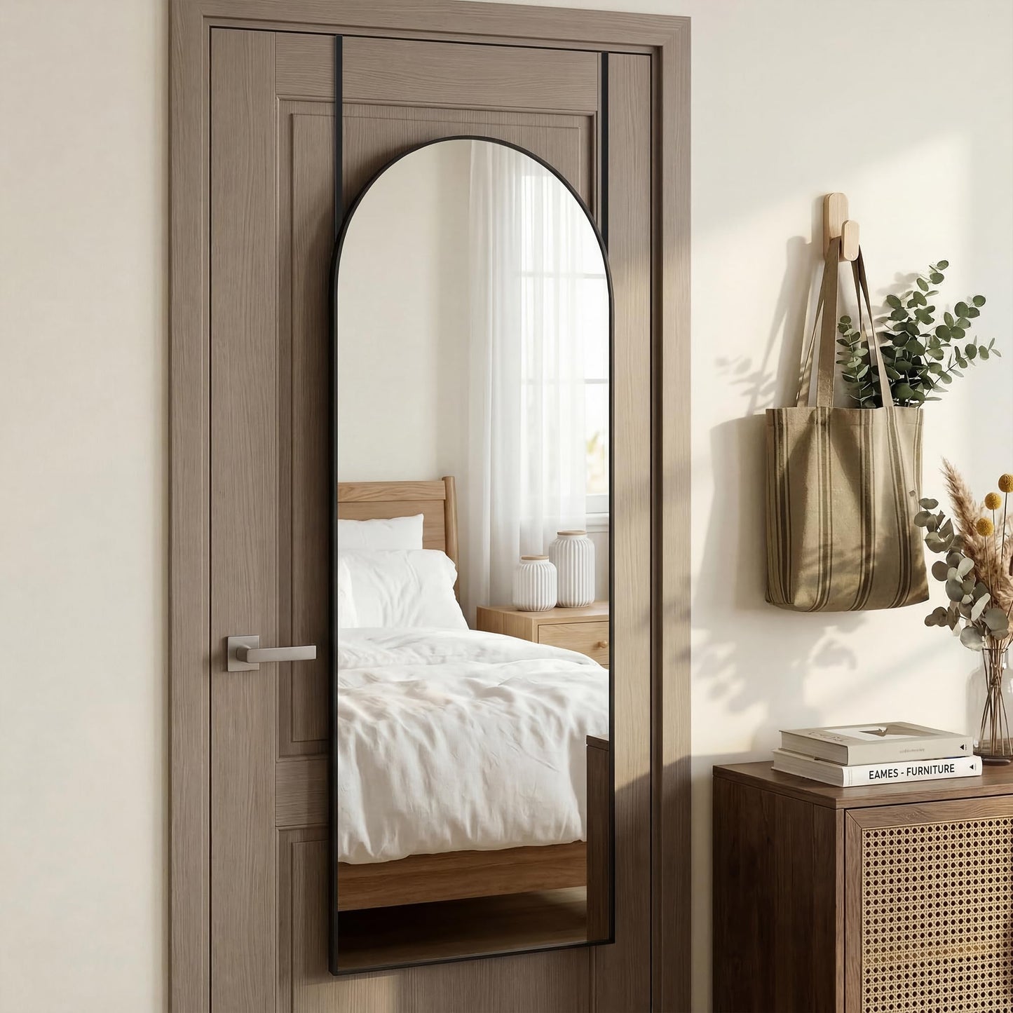 Furnbar 58"x20" Arched Full Length Door Mirror, Over-the-Door Hanging, Floor Standing, Wall Mounted or Leaning, Metal Frame Body Mirror for Bedroom, Living Room, Closet, Dorm, Black
