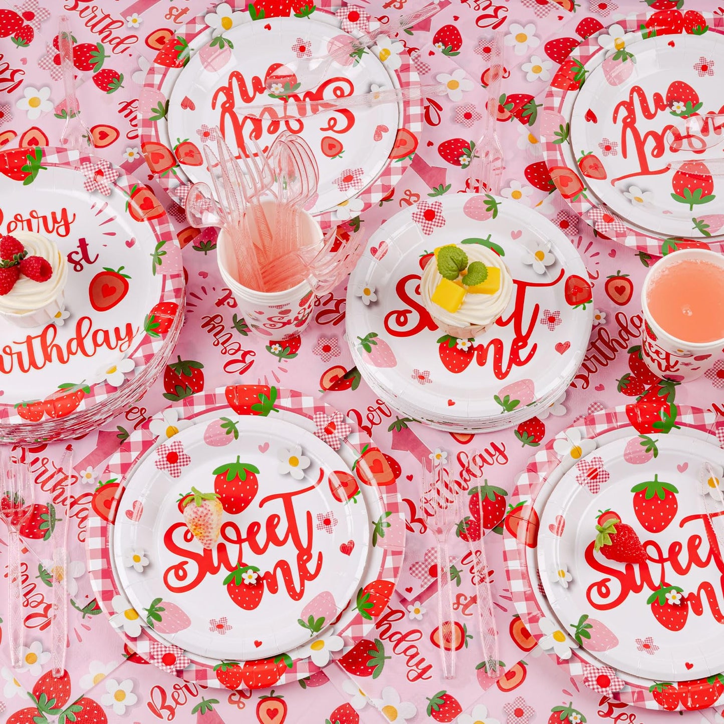 350 PCS Strawberry 1st Birthday Decorations for 50 Guests,Berry First Birthday Plate and Napkin Sets nclude Paper Plate, Napkin, Cup and Disposable Plastic Cutlery