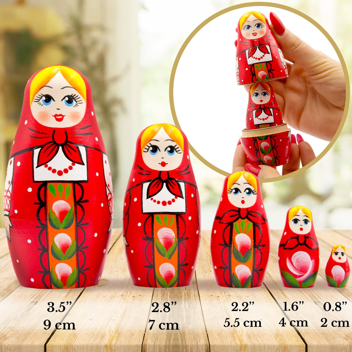 AEVVV Russian Red Matryoshka Dolls Set of 5 pcs - Wooden Hand Painted Nesting Dolls - Traditional Russian Dolls