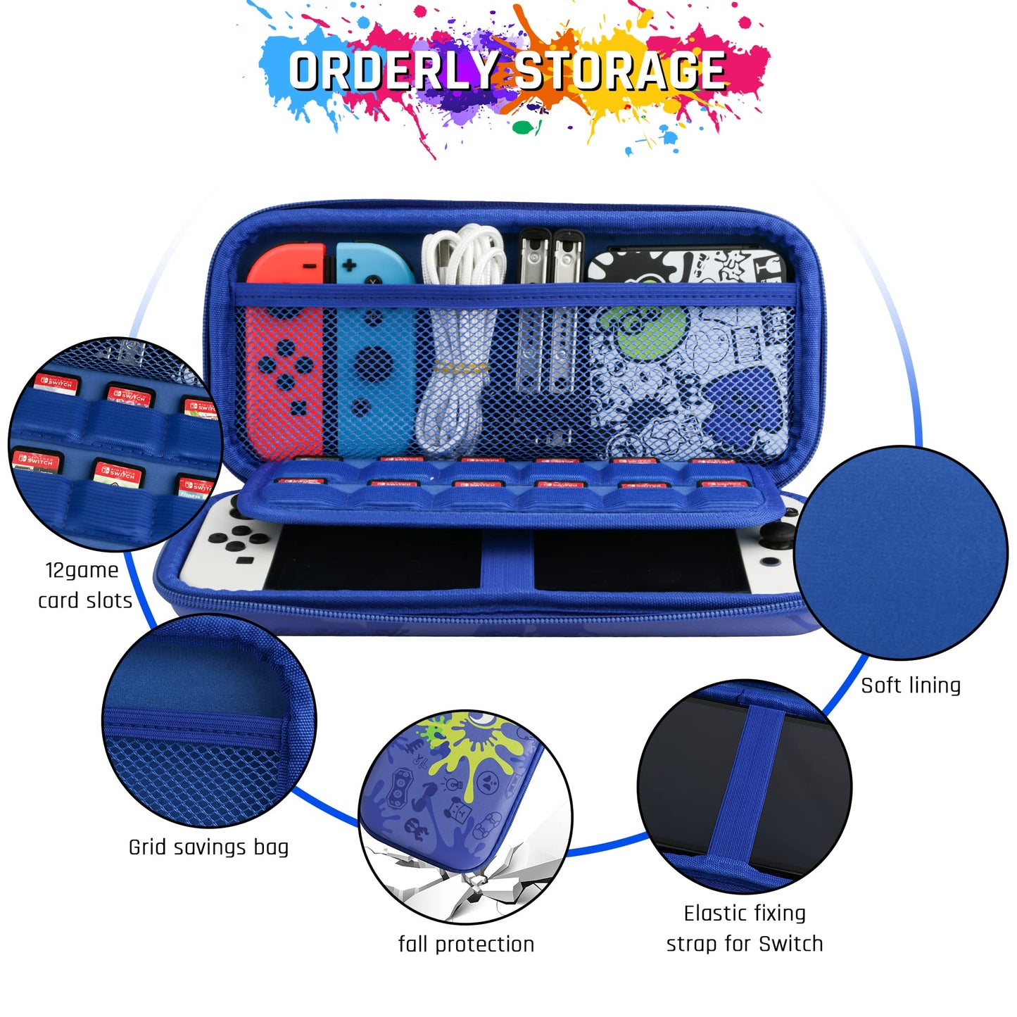 RHOTALL Blue Carrying Case for Nintendo Switch & Switch OLED Cover for splatoon 3, Hard Portable Travel Case for Switch Game Accessories Bundle Kit with Game Case and 2 Thumb Caps - for boys girls