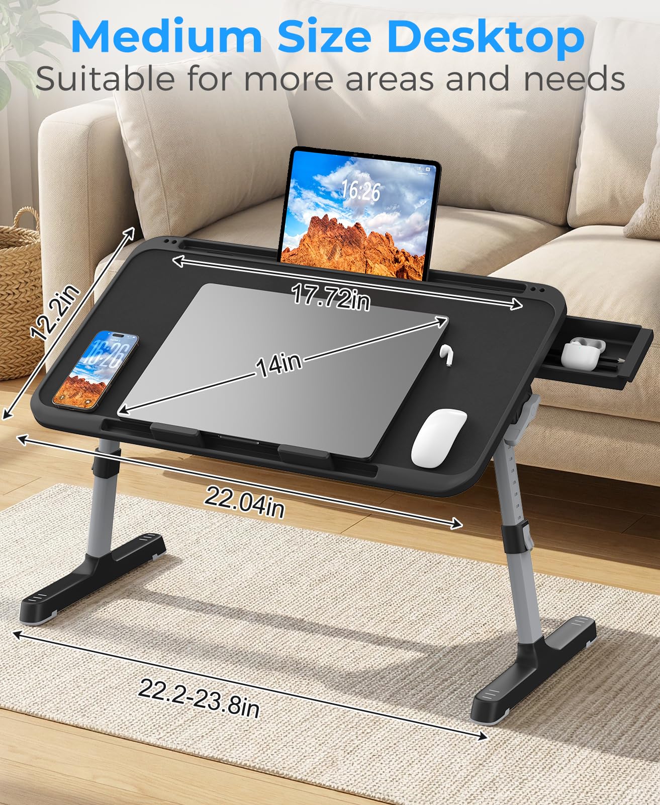HETTHI Laptop Bed Tray Table, Adjustable Sturdy Laptop Stand for Bed with Premium Materials, Folding Portable Lap Desk with Drawer for Writing Working Reading Eating Couch Floor (Black, 22.04"×12.2")