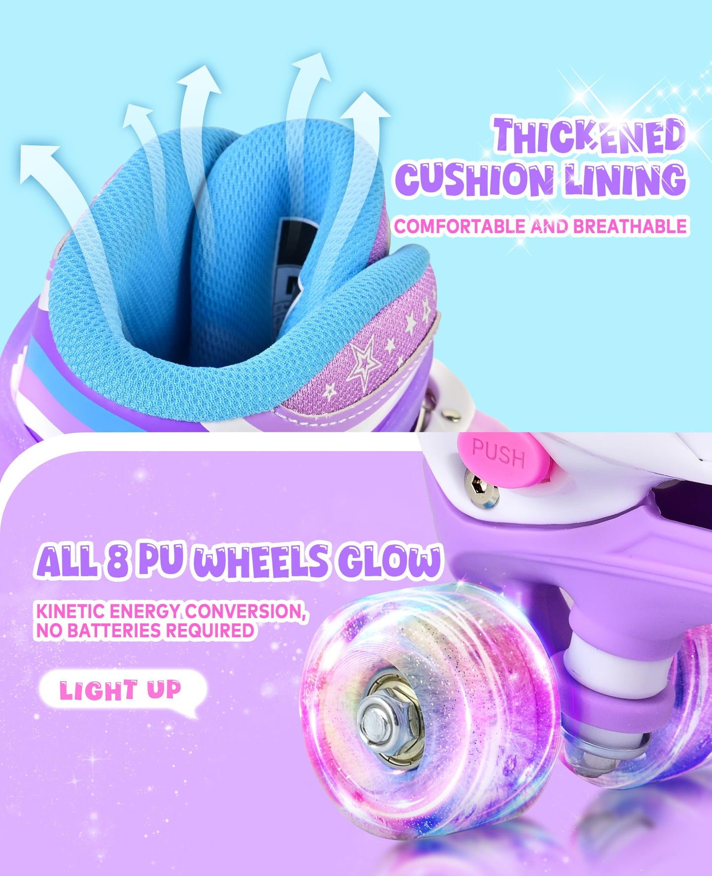 SULIFEEL Rainbow Tie-Dye Adjustable Roller Skates for Girls Kids Ages 3-5 5-8 6-12 Pink Purple Light Up Skate with Fluffy Pom Poms Triple Protection for Indoor Outdoor Skating