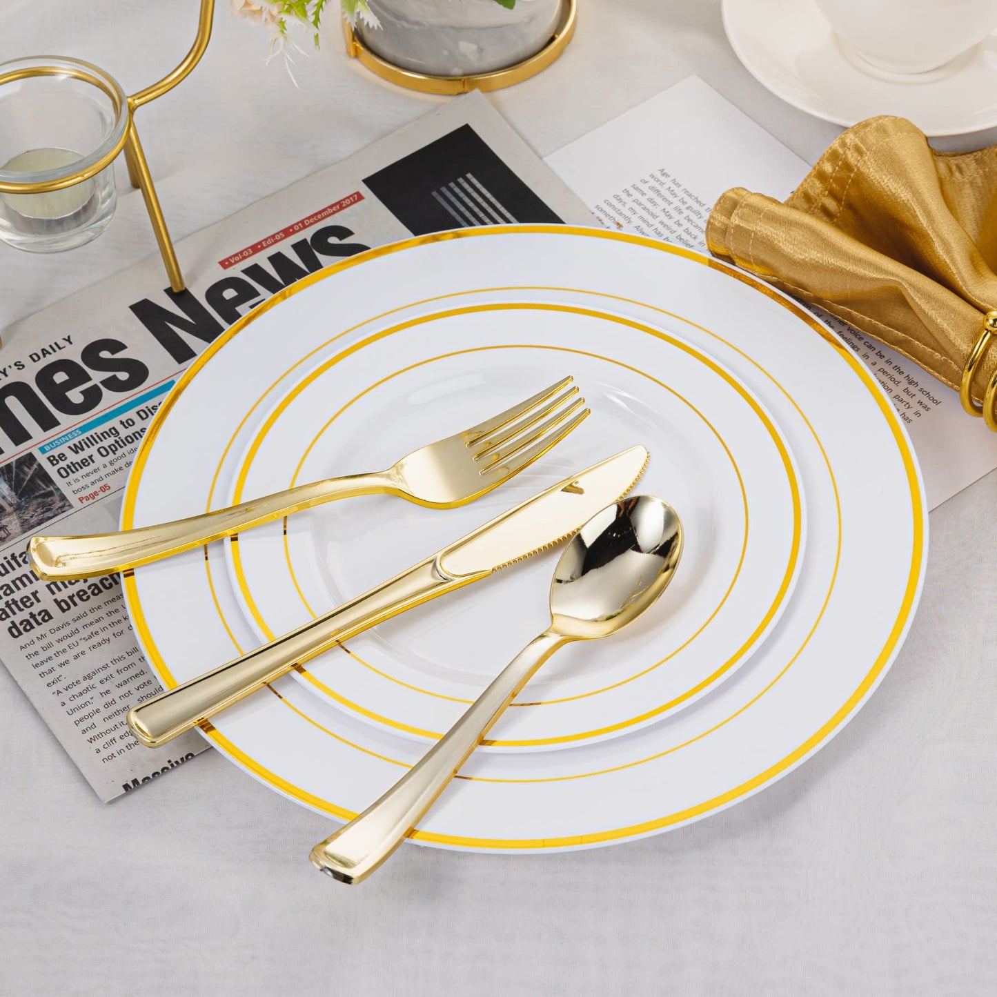 N9R 500PCS Gold Plastic Silverware - Gold Plastic Cutlery Set Disposable Flatware Dinnerware -200 Forks, 150 Spoons, 150 Knives for Party, Birthday, Wedding Utensils