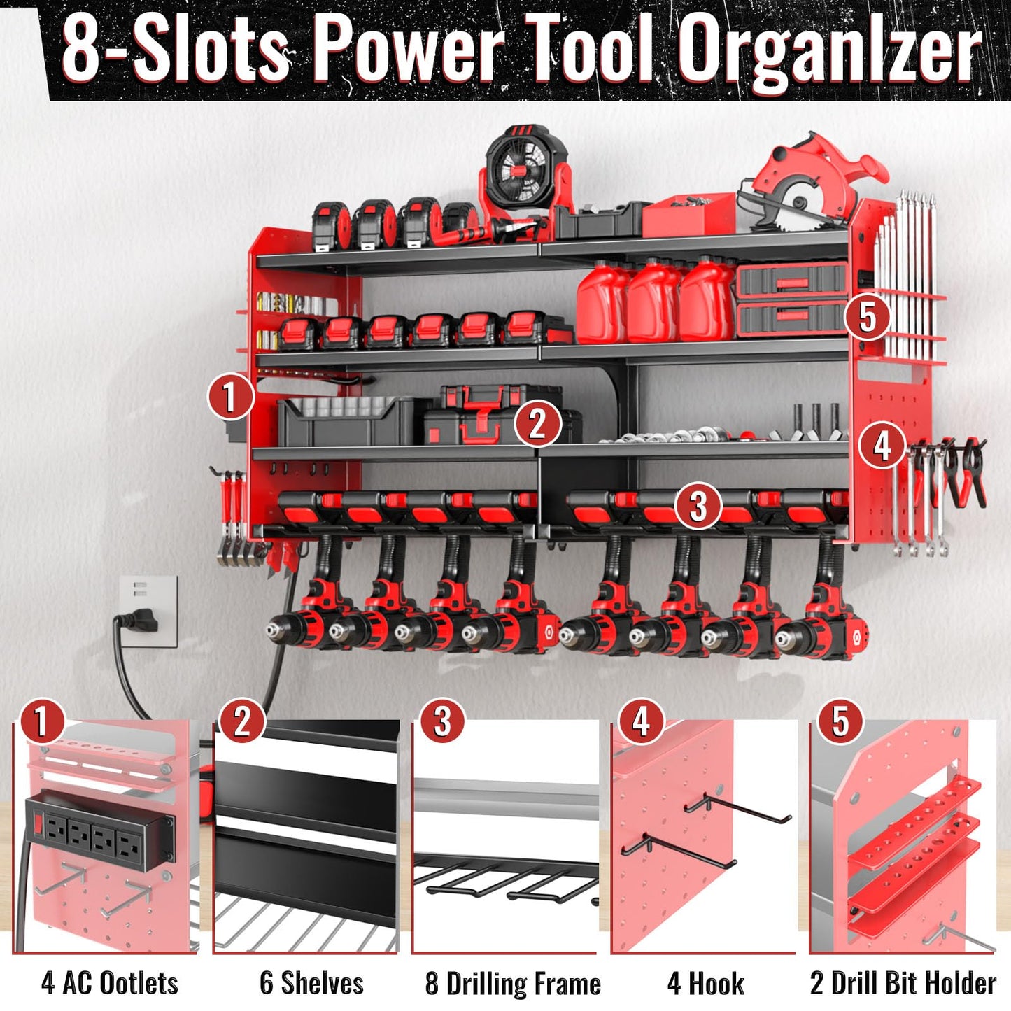 VeyFolzin.st Large Power Tool Organizer Wall Mount with Charging Station, 4 Layer Heavy Duty Metal Cordless Tool Organizer, Tool Storage Rack with 8 Cordless Drill Holder Screwdriver Hammer(Red)