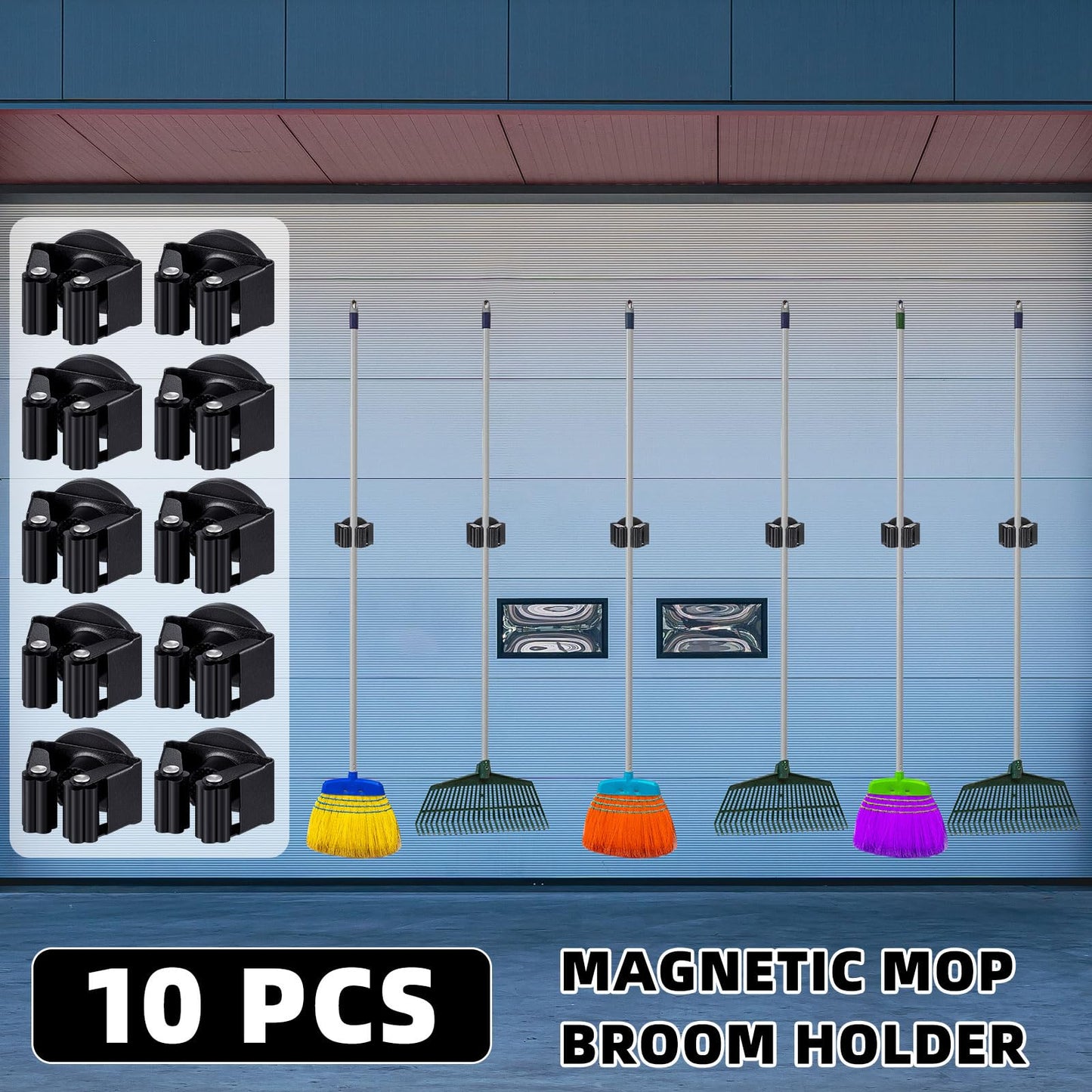 Vercraft 10 Pcs Magnetic Mop Broom Holder Movable Magnetic Broom Holder Rack, Anti Slip Wall Mounted Utility for Cleaning Tools, Garage, Kitchen, Laundry, Garden (Black)