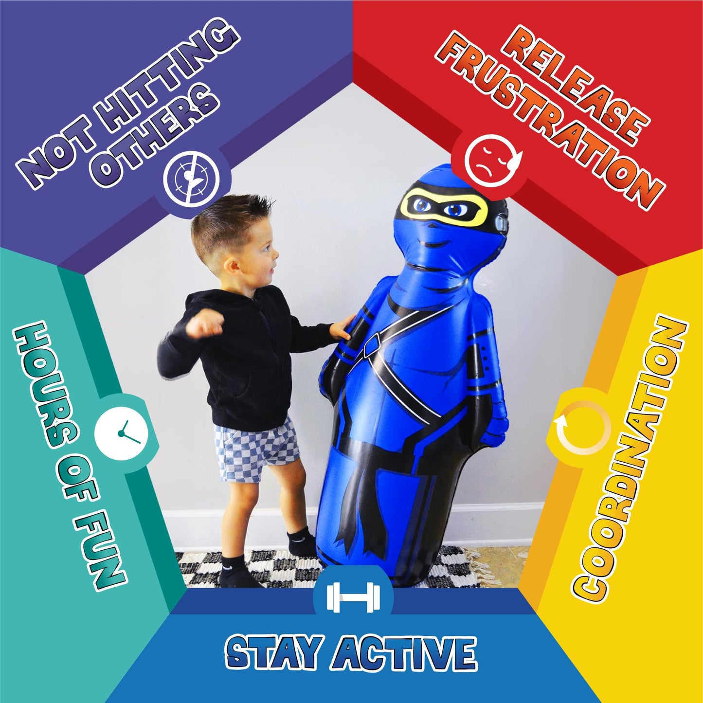 INFLATABLE DUDES Small Ninja 40 Inches -Kids Punching Bag | Already Filled with Sand| Bop Bag | Premium Inflatable Toy| Punching Bag for Kids| Bounce-Back | Indoor Outdoor -(Little Dudes- Nobi)