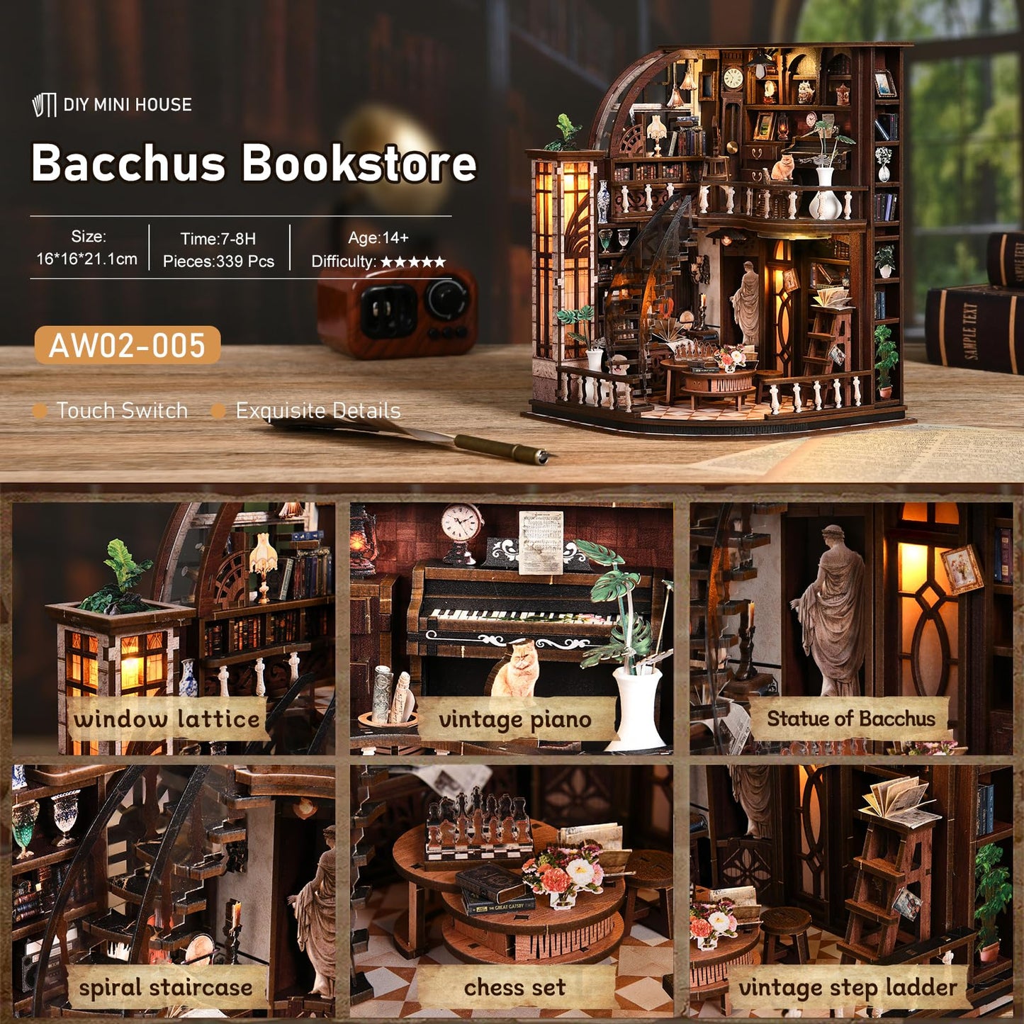 obzergem Book Nook Kit (Bacchus Bookstore) DIY Miniature Wooden Puzzle, Vintage Book Room with LED Lighting, Book Nook Kits for Adults, Bookshelf Miniature, Birthday Presents