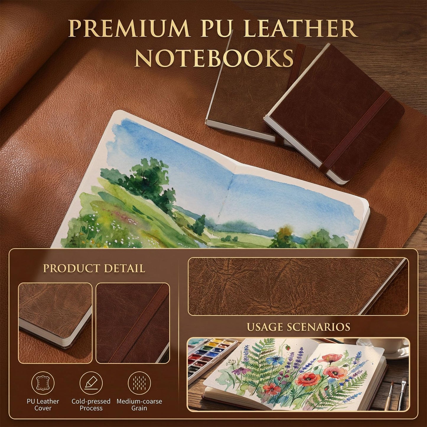 Dispowreath 3 Pcs Watercolor Journal 3.9"x3.9" and 7.5" x 5" Watercolor Sketchbook with 24 Sheets 140 LB (300 GSM) Cotton Water Coloring Paper Cold Press PU Leather Cover Travel Notebook Art Supplies