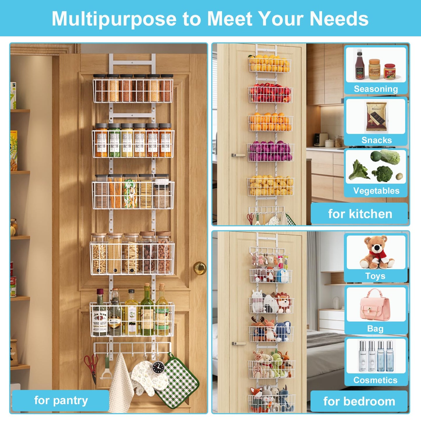 Hongtamoya Over The Door Organizer, Hanging Door Organizer with 5 Metal Baskets, Behind The Door Storage for Pantry Closet Bedroom Bathroom Cabinet Kitchen, White