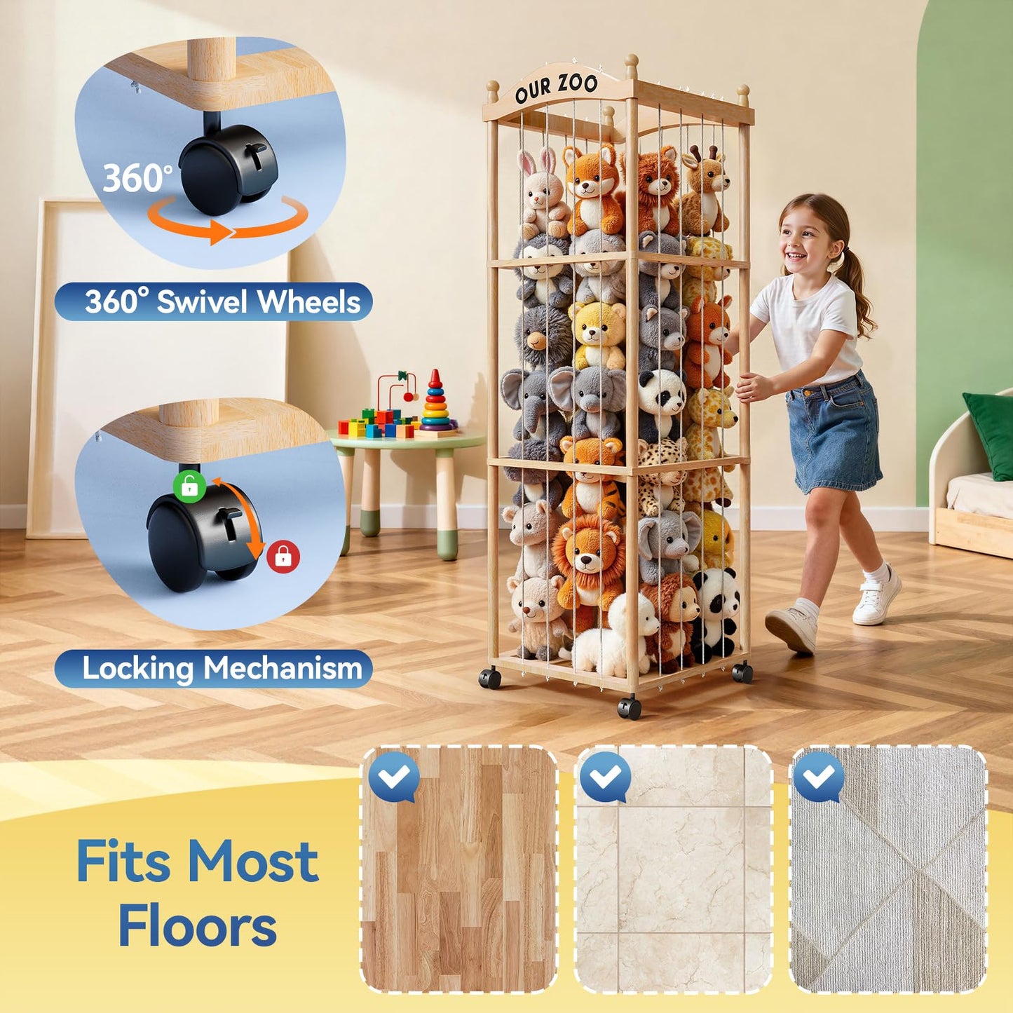 Jumvix Stuffed Animal Storage Zoo Tower, Large Capacity Wooden Stuffed Animal Holder with Wheels, Space-Saving Toy Storage Organizer, Stuffy Plushies Storage for Nursery, Playroom & Bedroom