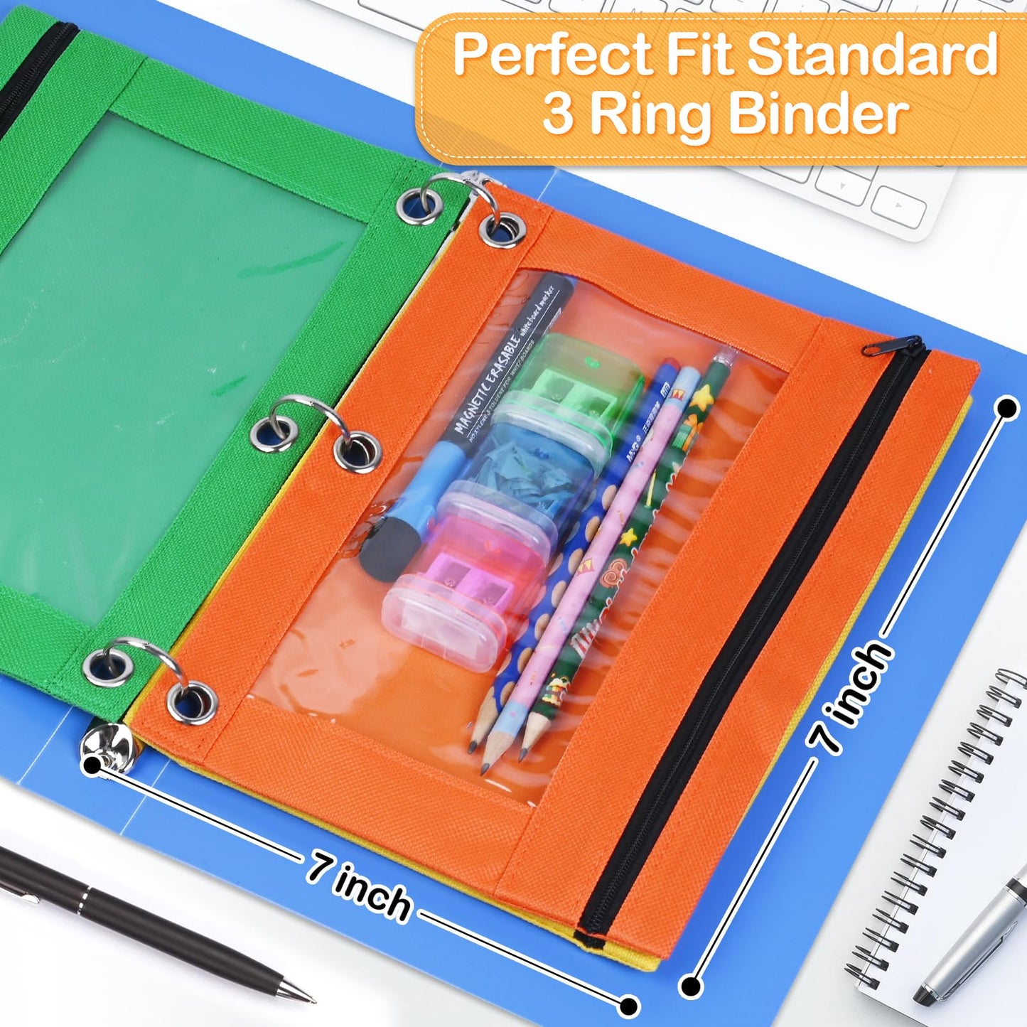 100 Pack 10 Colors Pencil Pouch for 3 Ring Binder, Binder Pencil Pouch with Smooth Zipper, Clear Window Pencil Case Binder, Durable Zipper Pencil Pouch, Bulk Pencil Bags for School and Office Supplies