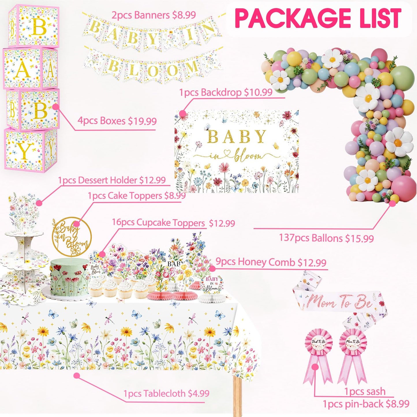 Baby In Bloom Baby Shower Decorations, 175Pcs All in One Set Wildflower Baby Shower Decorations Boxes Banner Backdrop Tablecloth Cake Topper Balloon Sash for Floral Baby in Bloom Shower Party Girls