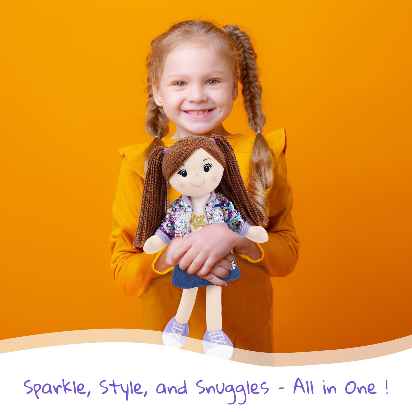 June Garden 18" Snuggle Cutie Sophie Glam - Soft Cuddly Plush Doll Gift for Girls - Huggable Rag Doll - Trendy Outfit L