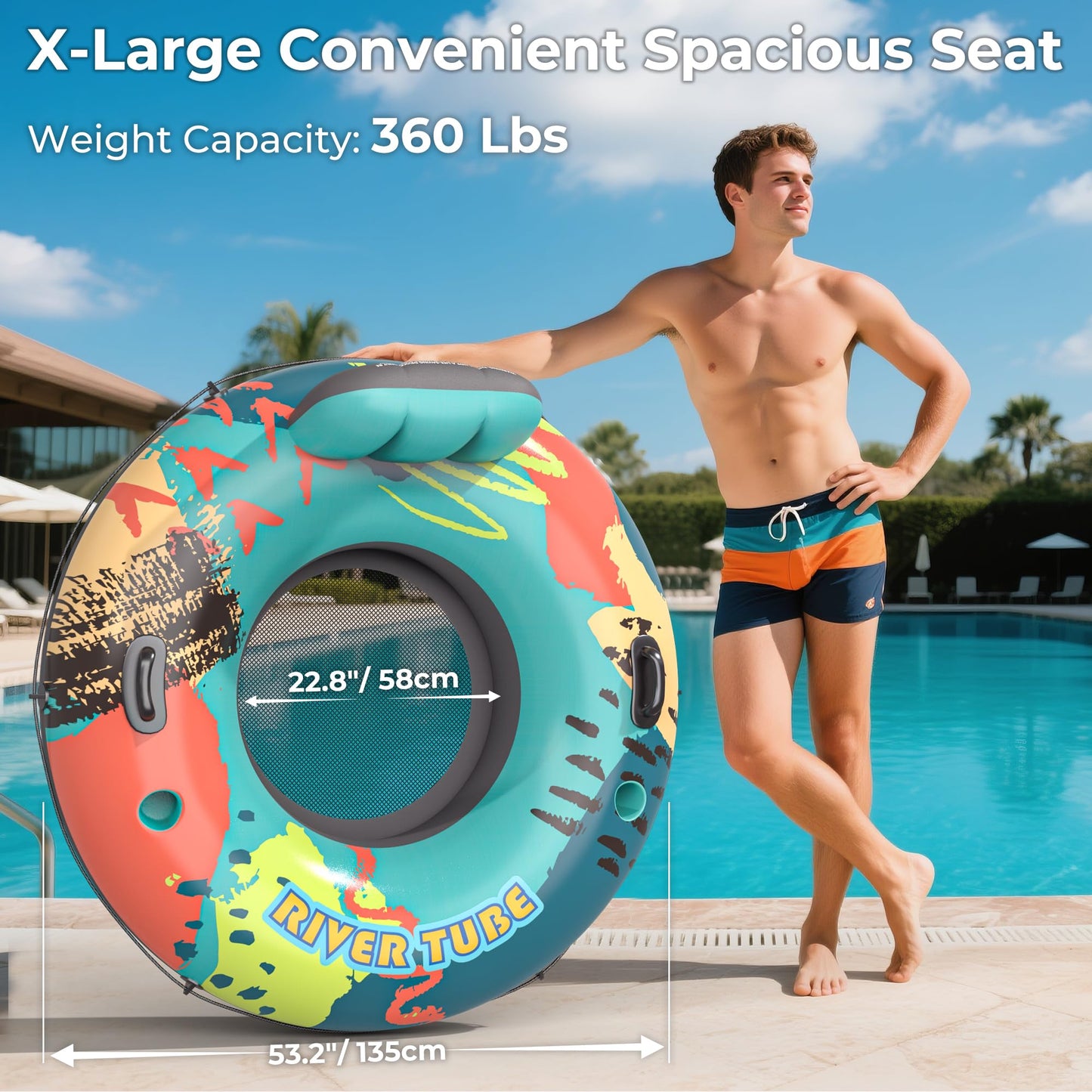 53" Heavy Duty River Tube Float for Adults,Inflatable River Raft Float for Pool Lake Beach with Built-in Cup Holders, Ergonomic Backrest,Durable Grip Handles & Grab Rope, 360Lb Weight Capacity