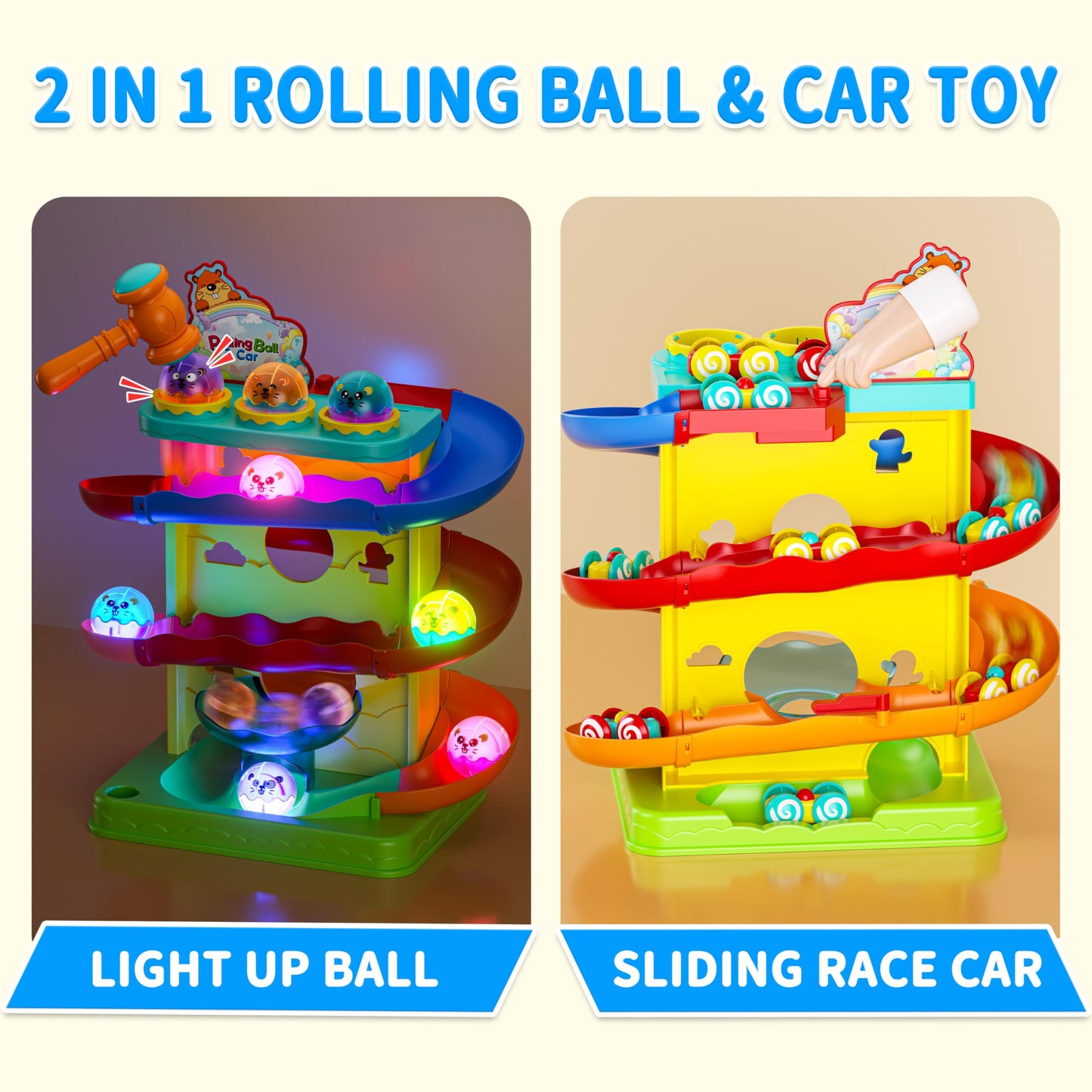 FUNWEE 2-in-1 Ball & Racing Car Ramp Toy for Toddlers, Race Track Hammer Drop Rolling Lights Ball, Learning Early Developmental Fun Game Birthday Gift Idea for Kids 2 3 4 5+Year Old Girl Boy(Yellow)