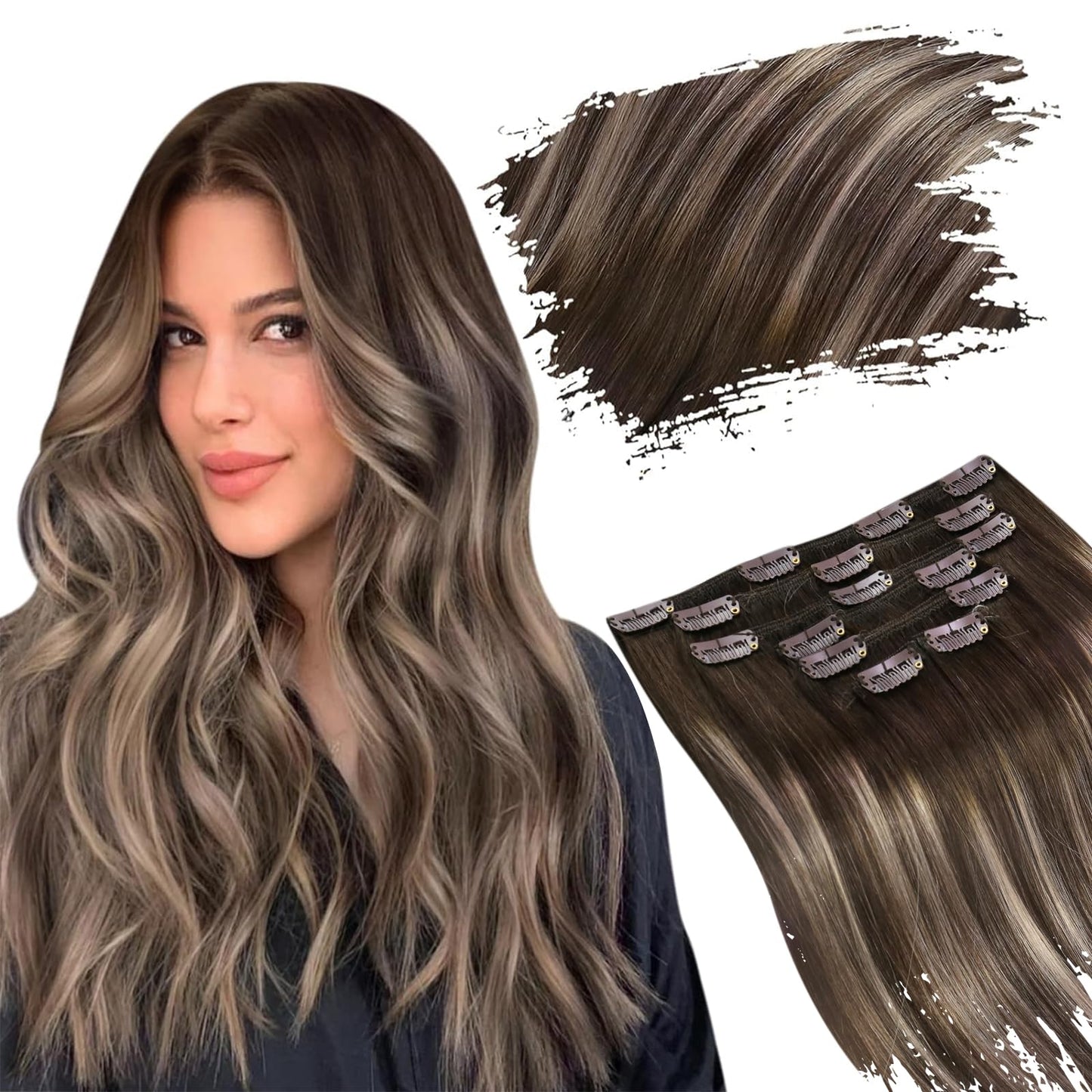 Ugeat Clip in Hair Extensions Real Human Hair Balayage Dark Brown Ombre Ash Brown Hair Extensions Real Human Hair Clip ins Thick Clip in Hair Extensions 16 Inch 7pcs 120g