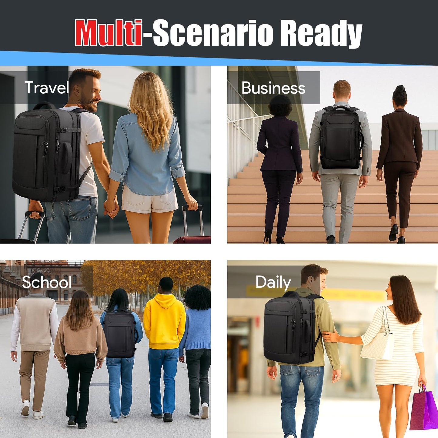 Travel Backpack, Expandable 50L Carry On Backpack, Extra Large Anti-Theft TSA Flight Approved Large Weekender Daypack Bag for Men and Women, Waterproof Pocket Lightweight Travel Gifts for Men, Black
