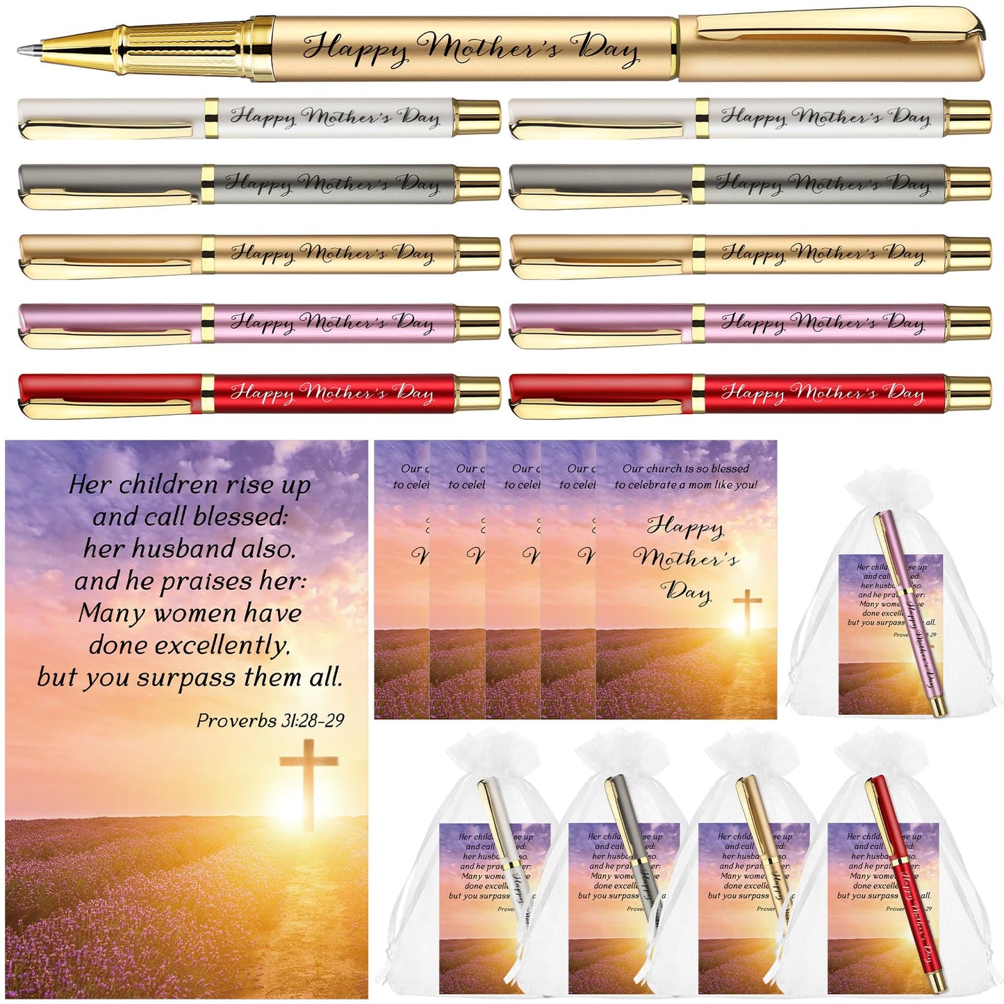 Tellingyou 75 Sets Mother's Day Church Gifts Bulk Included Happy Mother's Day Pens Inspirational Religious Cards Bible Verse Cards and Organza Bags for Women Church Members Christian Gift, 5 Colors