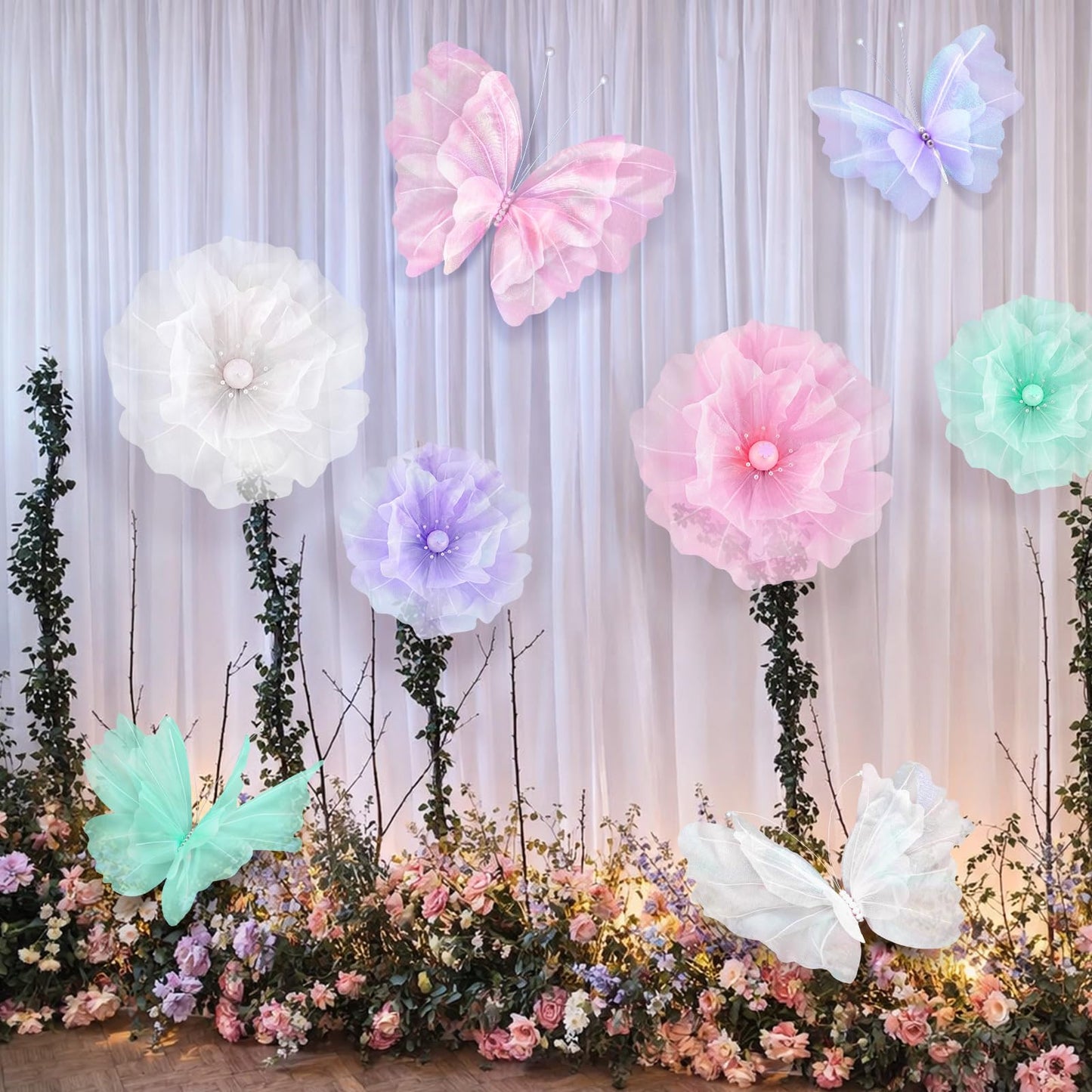 Cinnvoice 8 Pcs Pastel Large Butterfly Flower Decorations 20 Inch 12 Inch 3D Giant Pastel Silk Butterfly Big Flower Mariposas Grandes para Decoracion for Wedding Backdrop Birthday Party