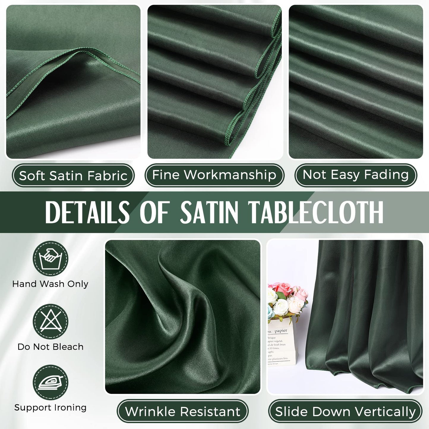 Lounsweer 8 Packs Satin Tablecloth 102 x 58 Inches Rectangle Table Cover Silk Smooth Fabric Party Table Cloth for Rectangle Parties, Holiday Dinner Wedding Banquet Decoration(Dark Green)