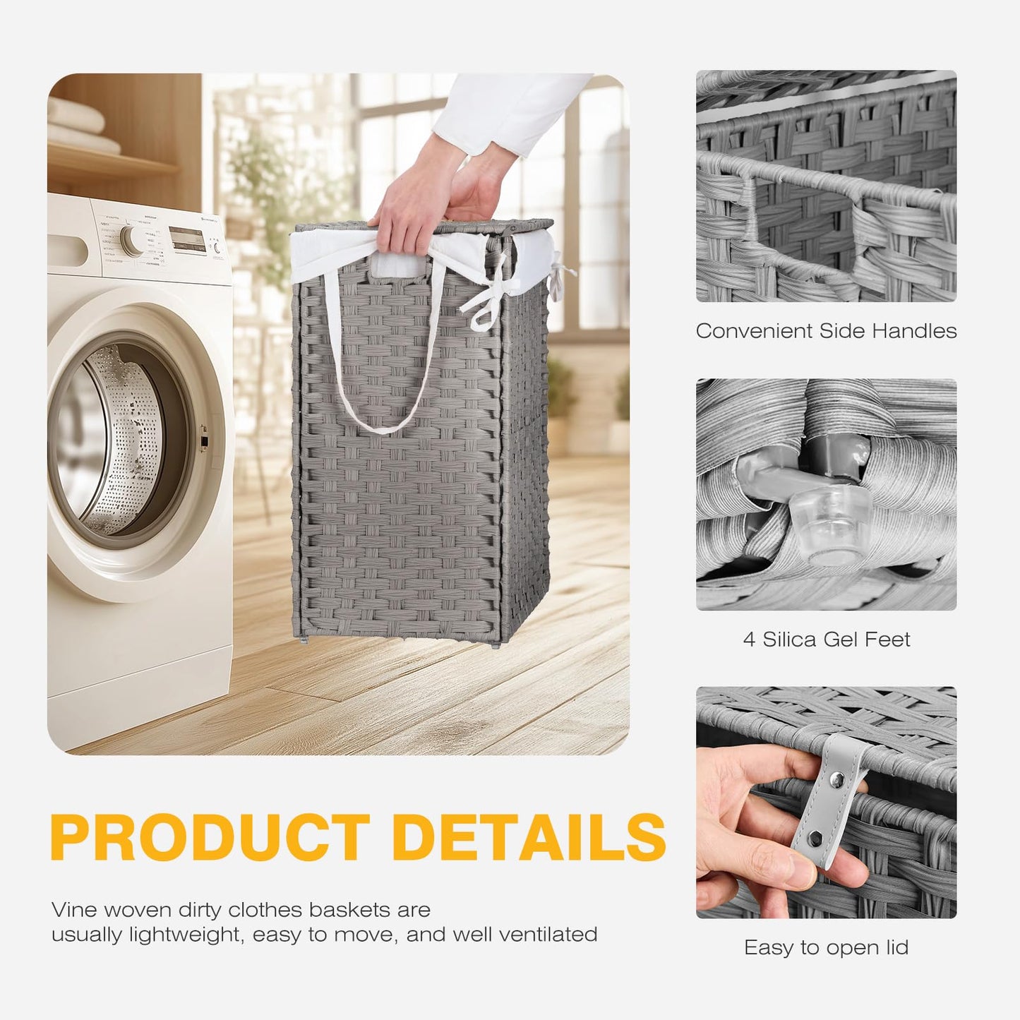 NEWBULIG Laundry Hamper with Lid, 29 Gallon (110L) Wicker Clothes Basket, Double Woven Clothes Basket Organizer for Bedroom, Bathroom & Laundry Room, Grey