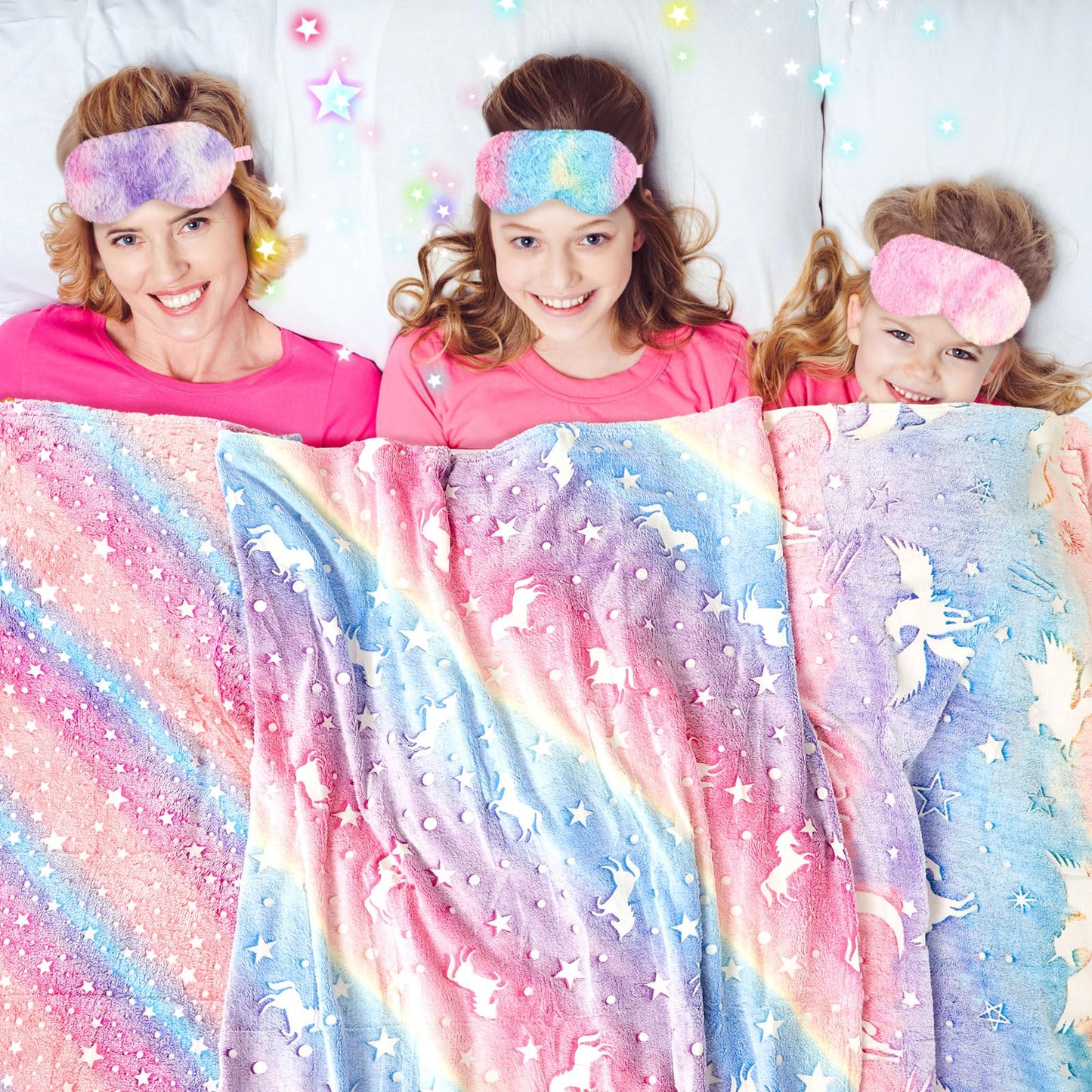Fanfanwin 18 Pcs Sleepover Party Supplies for Girls, 6 Glow in The Dark Pink Blanket 6 Coral Fleece Spa Headband 6 Plush Eye Mask Covers for Sleeping Slumber Sleepover Spa Party Gift(Cute)