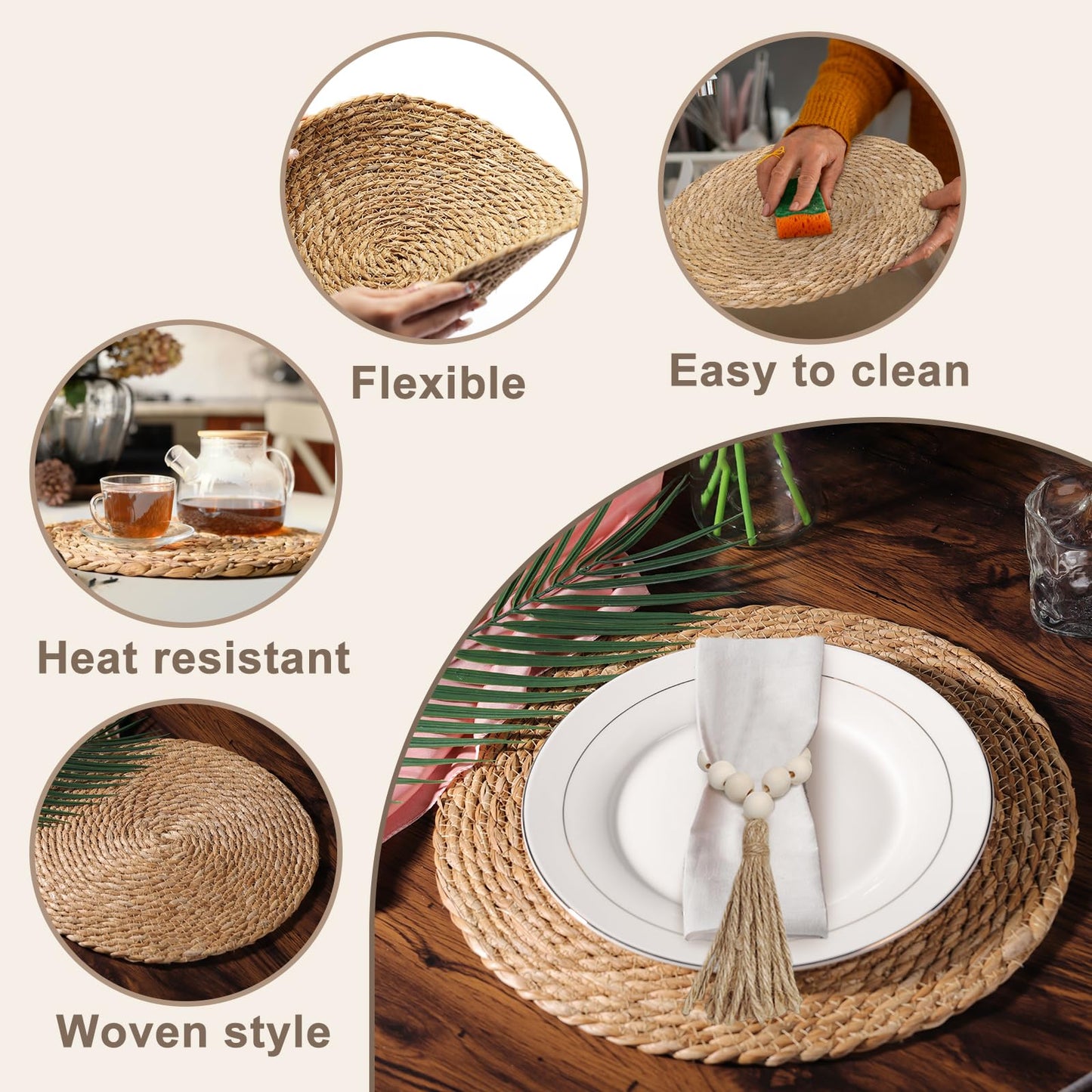 Hardcometrue Boho Woven Placemats Set of 10 with Wooden Napkin Rings, Round Charger Plates, Natural Ranttan Dinner Place Mats for Dining Table Decor - 13.8 inch