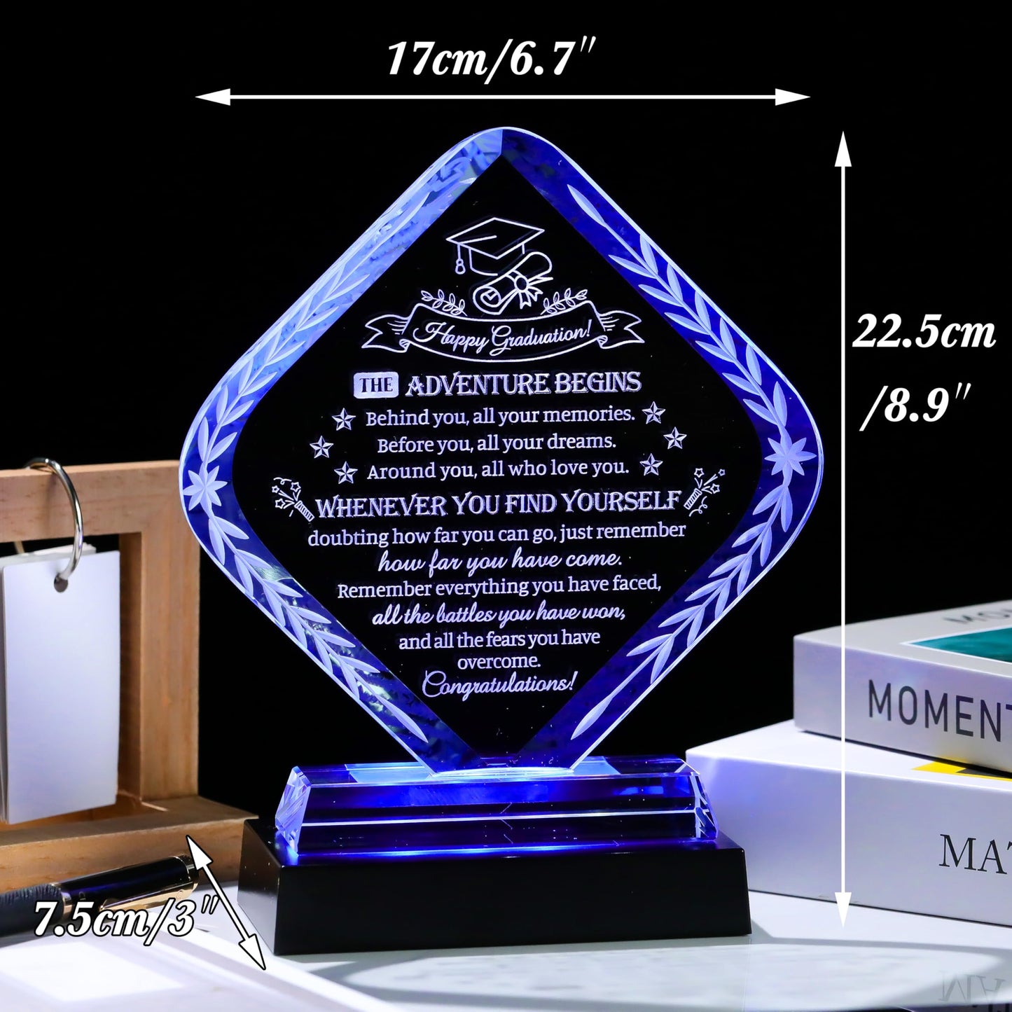 Movdyka Graduation Gifts for Women Men Crystal Plaque Keepsakes, Class of 2026 Graduation Gifts for Her Him Female High School College Masters Degree Phd Decor (Rhombus with Light Base)