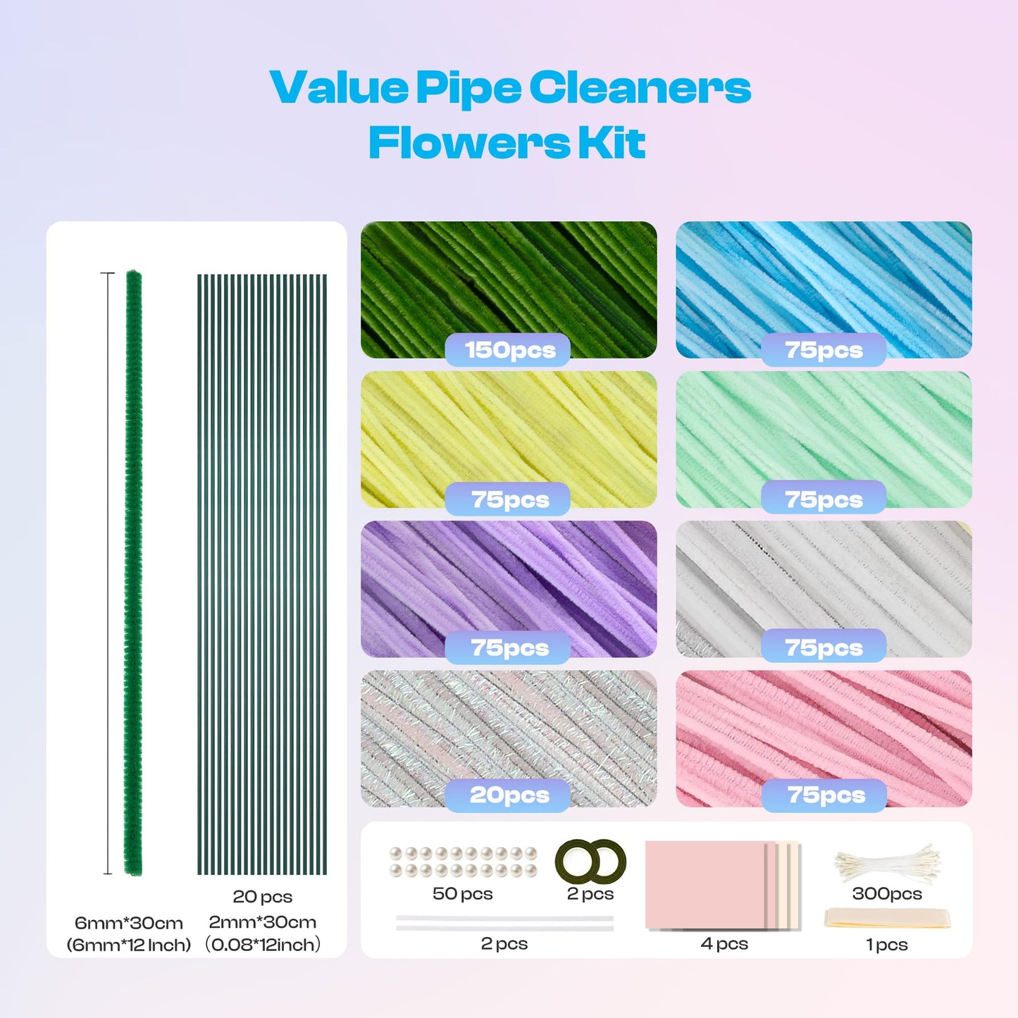 Caydo 620 Pieces Pipe Cleaner Flower Kit, Macaron Colorful Craft Chenille Stems Bulk for Flowers Making, Pastel Pipe Cleaners for Art Projects and Mother's Day Creative Gift