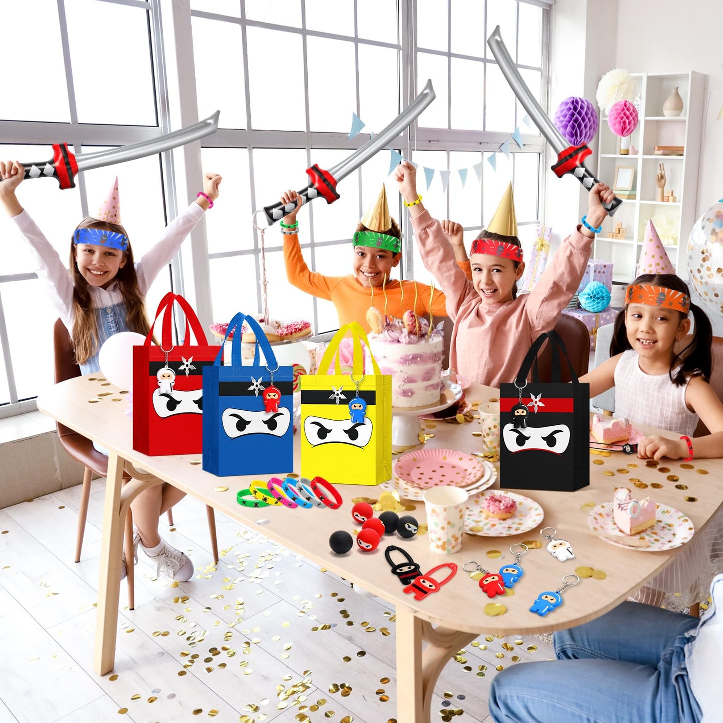 Seenelling 12 Guests 84 Pcs Ninja Party Favors Include Ninja Non Woven Bags Inflatable Toys Bouncy Balls Throwing Flying Slingshot Headbands Silicone Bracelets Keychains for Party Supplies