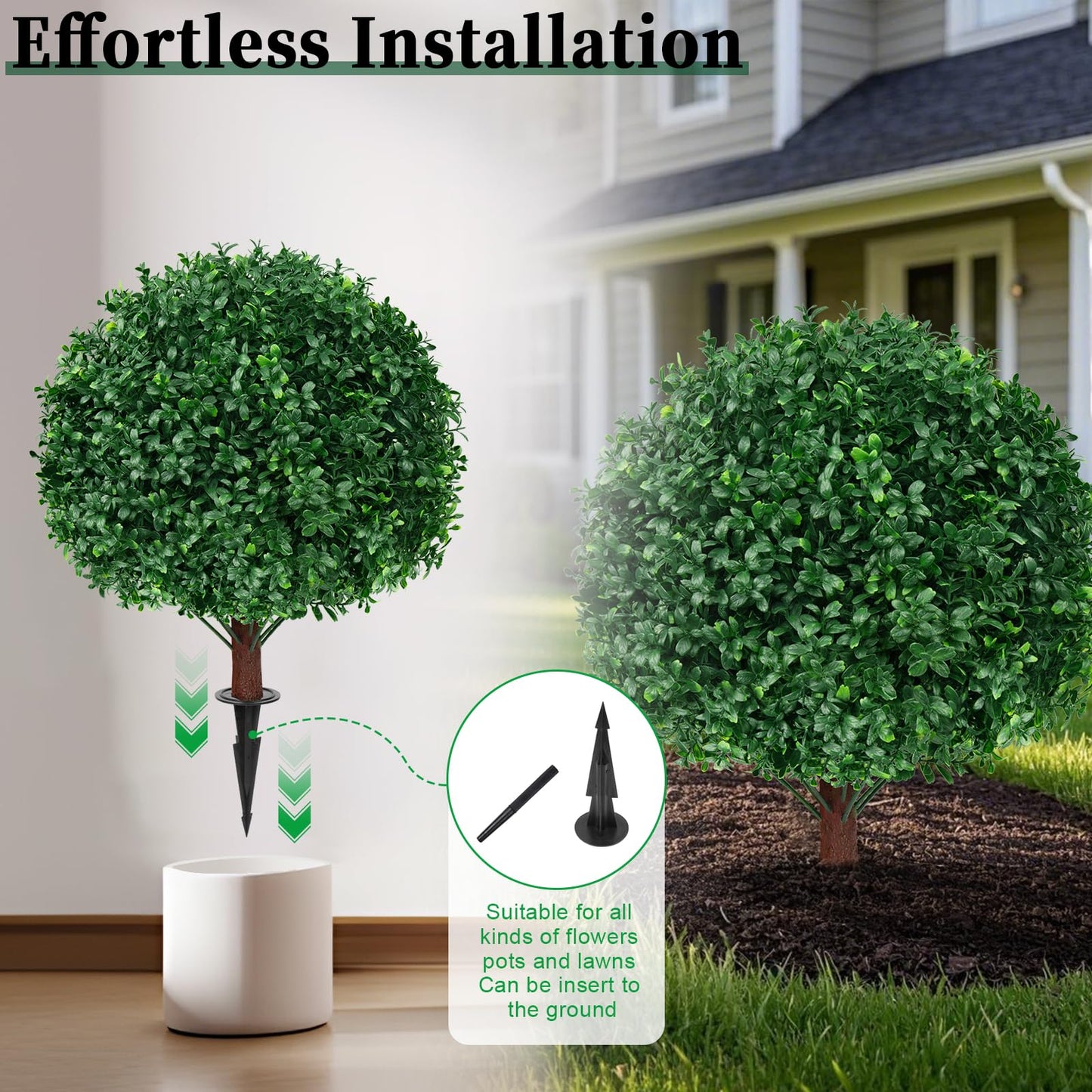 EverNature 2Pack Artificial Boxwood Topiary Ball Trees, 16'' UV Resistant Fake Evergreen Shrubs Bushes Plants with Ground Spike, Fake Plants for Outdoor Indoor Front Porch Garden