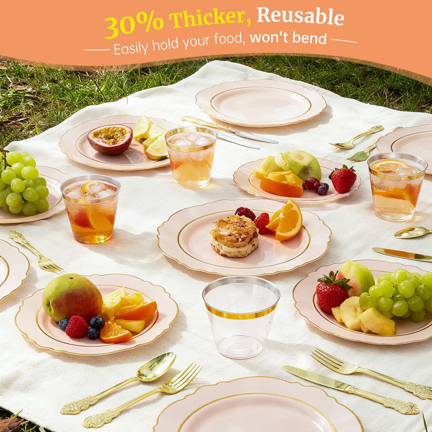 AIRE 175PCS Pink Gold Plastic Plates for Party, Dinnerware Sets for 25 Guests, Disposable Plastic Party Supplies Plates Cups Spoons Forks Knives Napkins for Wedding Birthday Baby Shower BBQ Parties