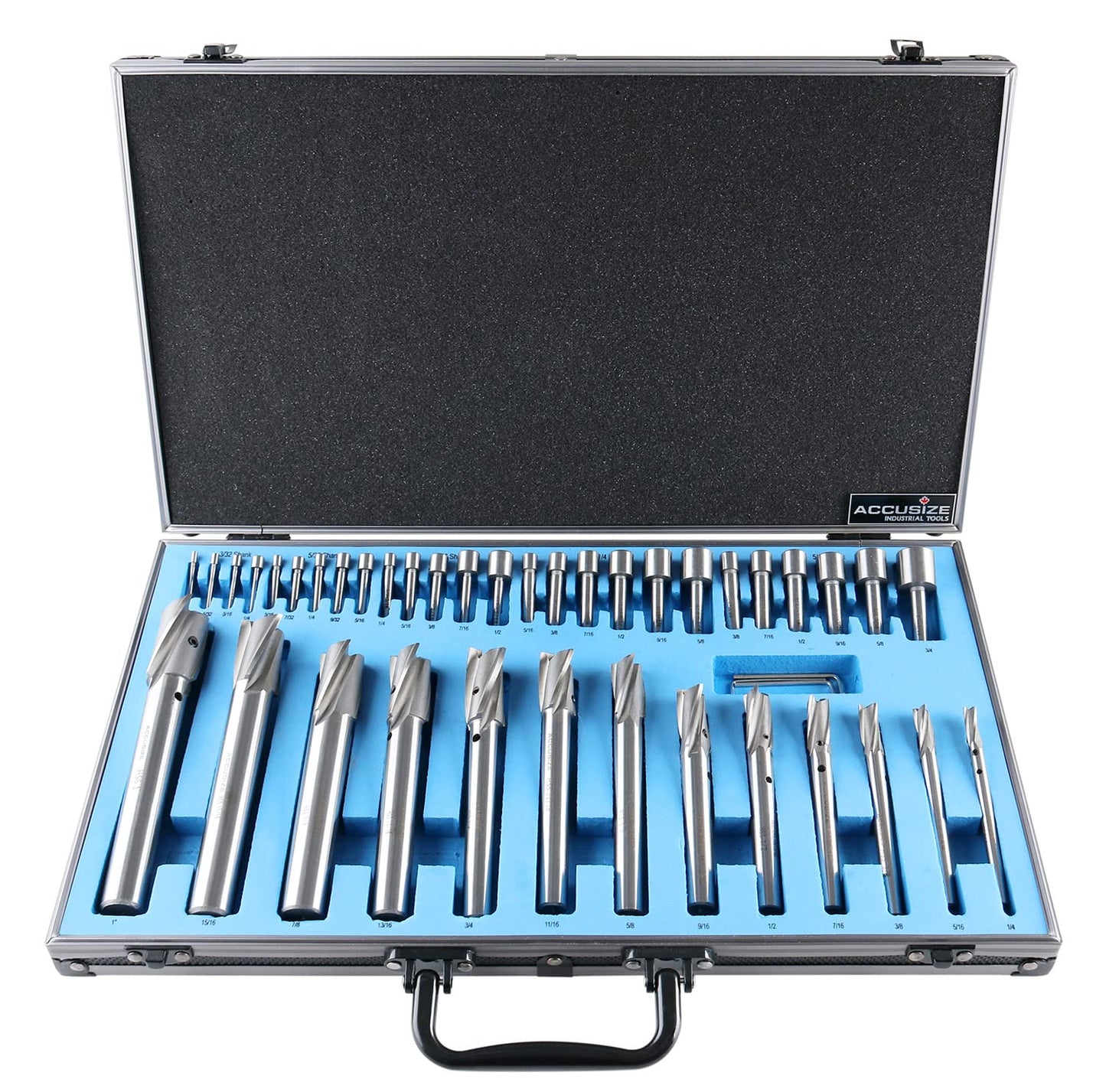 Accusize Industrial Tools 39 Pc Straight Shank H.S.S. Interchangeable Pilot Counterbore Set, Counterbores from 1/4'' up to 1'' by 16ths, 500S-A000