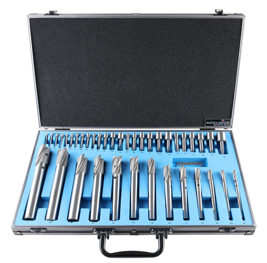 Accusize Industrial Tools 39 Pc Straight Shank H.S.S. Interchangeable Pilot Counterbore Set, Counterbores from 1/4'' up to 1'' by 16ths, 500S-A000