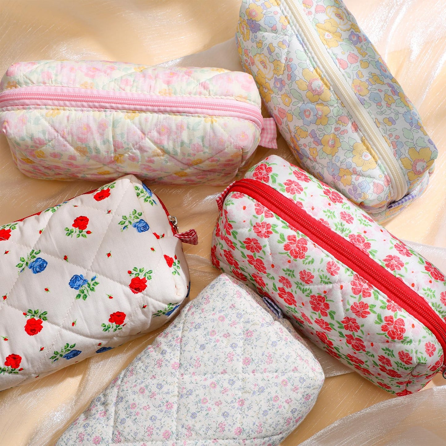 Paterr 10 Pcs Cotton Quilted Makeup Bag Floral Cosmetic Bag Coquette Aesthetic Makeup Pouch with Zipper Travel Portable Beauty Case Preppy Gifts for Women(Classic Style)