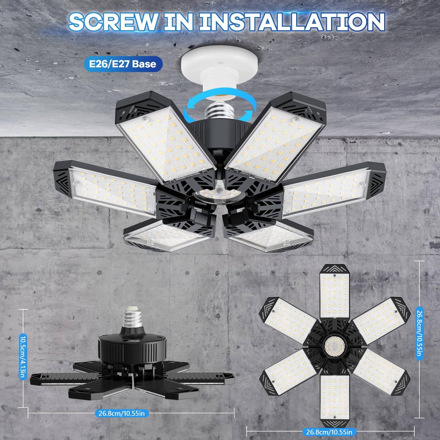 XINGHUANLIT Garage Lights 6 Pack - 200W 20000LM Garage Lights Ceiling LED 6500K, Screw in Shop Lighting with 6+1 Adjustable Panels for E26/E27 Bulb Socket, for Workshop Basement Barn
