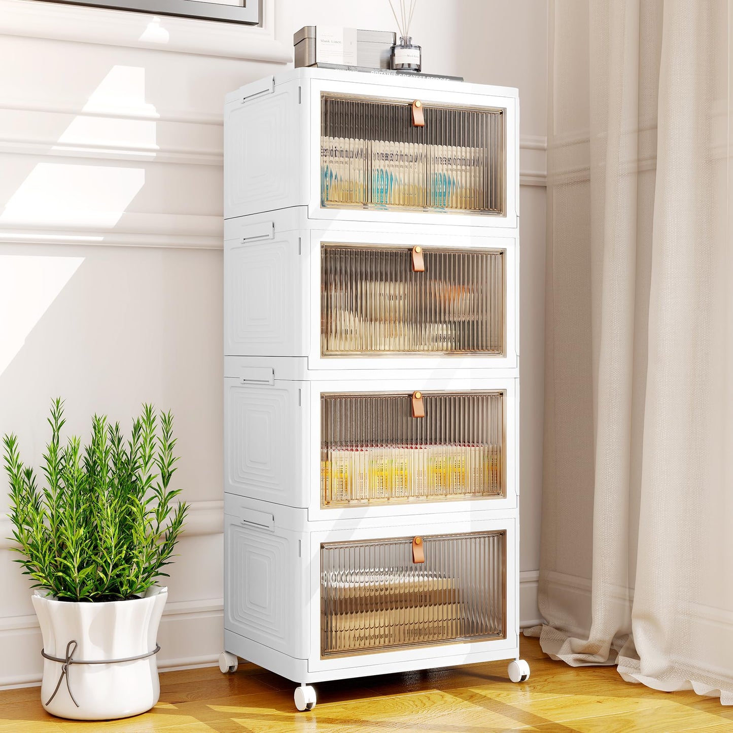 4 Tier Storage Bins with Lids, 23QT Stackable Closet Organizers and Storage with Wheels, Collapsible Storage Boxes, Foldable Plastic Storage Containers for Home,Office, Dorm Room-White