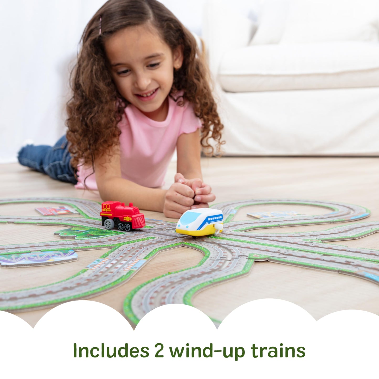 Melissa & Doug Design Your Own Railroad 48-Piece Floor Puzzle with 2 Wind-up Toy Trains and Interchangeable Scenery, Kids Puzzles with Preschool Toys for Girls & Boys Ages 4 and Up - FSC Certified