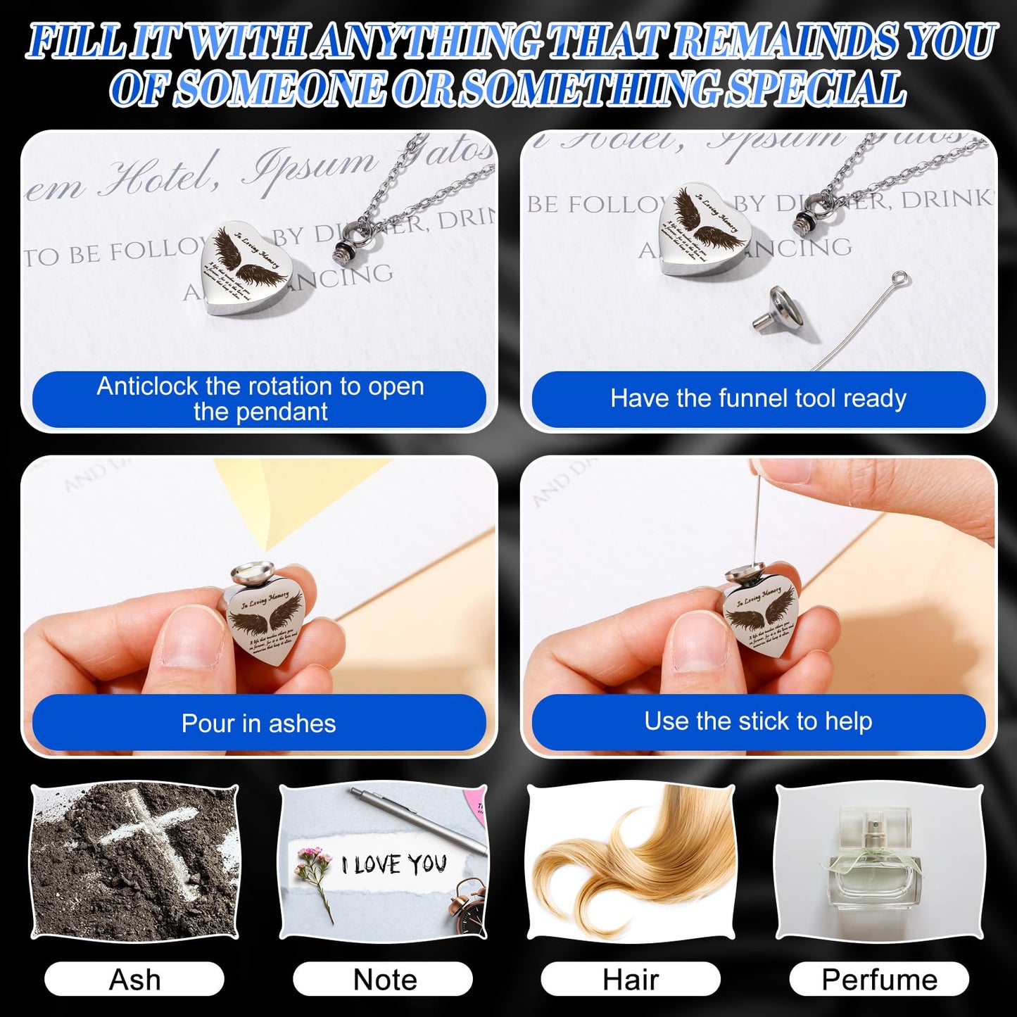 Ecation 12 Set Small Urn Cremation Jewelry Necklaces for Ashes Stainless Steel Keepsake Urns Memorial Locket Mini Ash Holders Waterproof for Human Adult Female Male Family Loved One(Blue)