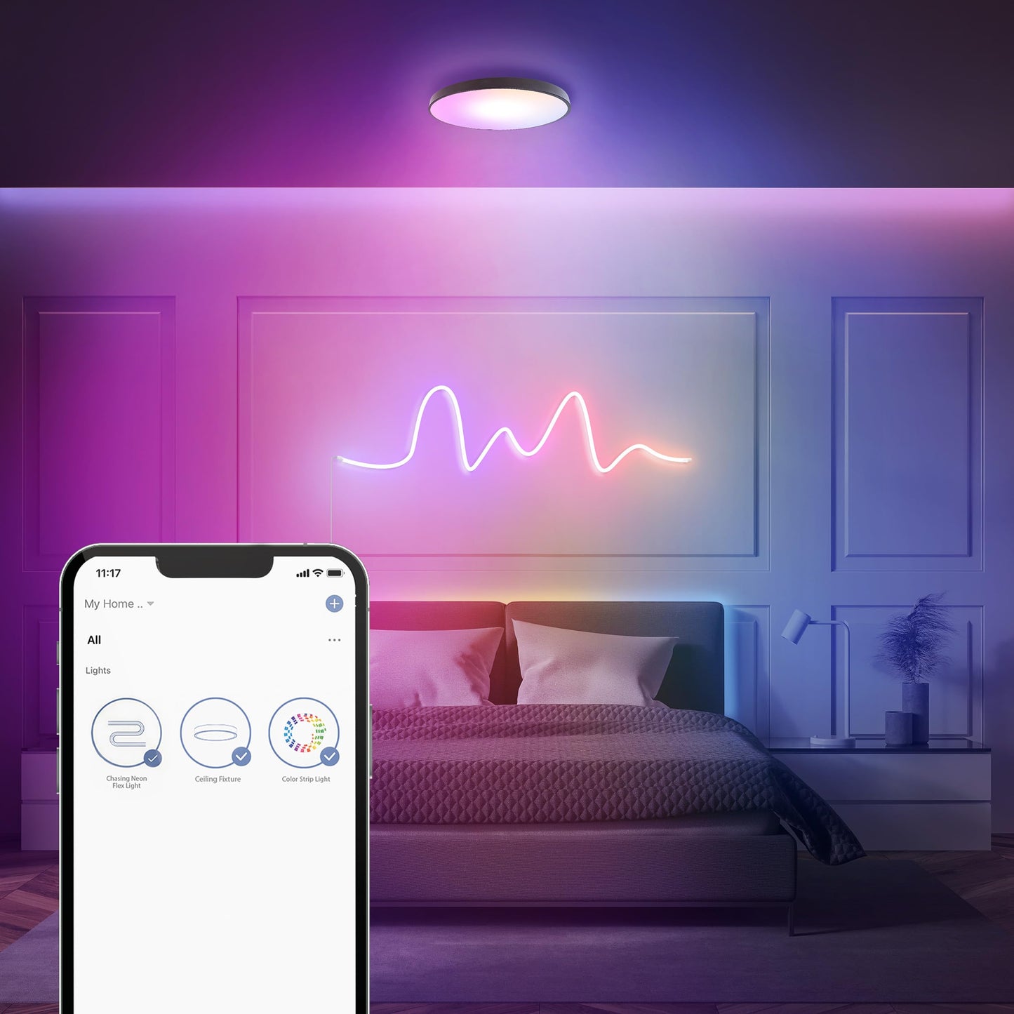 Feit Electric Smart Ceiling Light Fixture, 15" Round Flush Mount, Color Changing, Music Sync, Works with Alexa and Google Home Asst, 30W, 1600 Lumens, Tunable White, 22-Year Lifetime, FM15/RGBW/DIM/AG