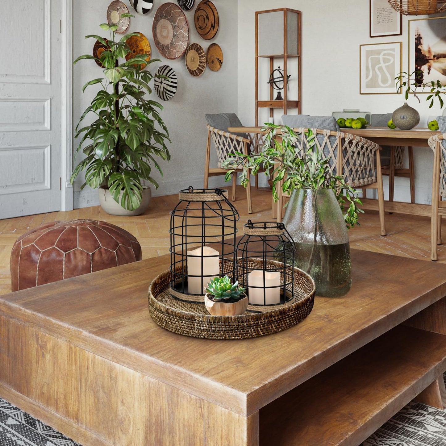 Lumeavetra Rustic Farmhouse Decorative Lantern Set of 2, Boho Lanterns with LED Candles, Modern Farmhouse Indoor Outdoor Decor for Living Room Patio Porch Fireplace Kitchen Dining Table Centerpiece