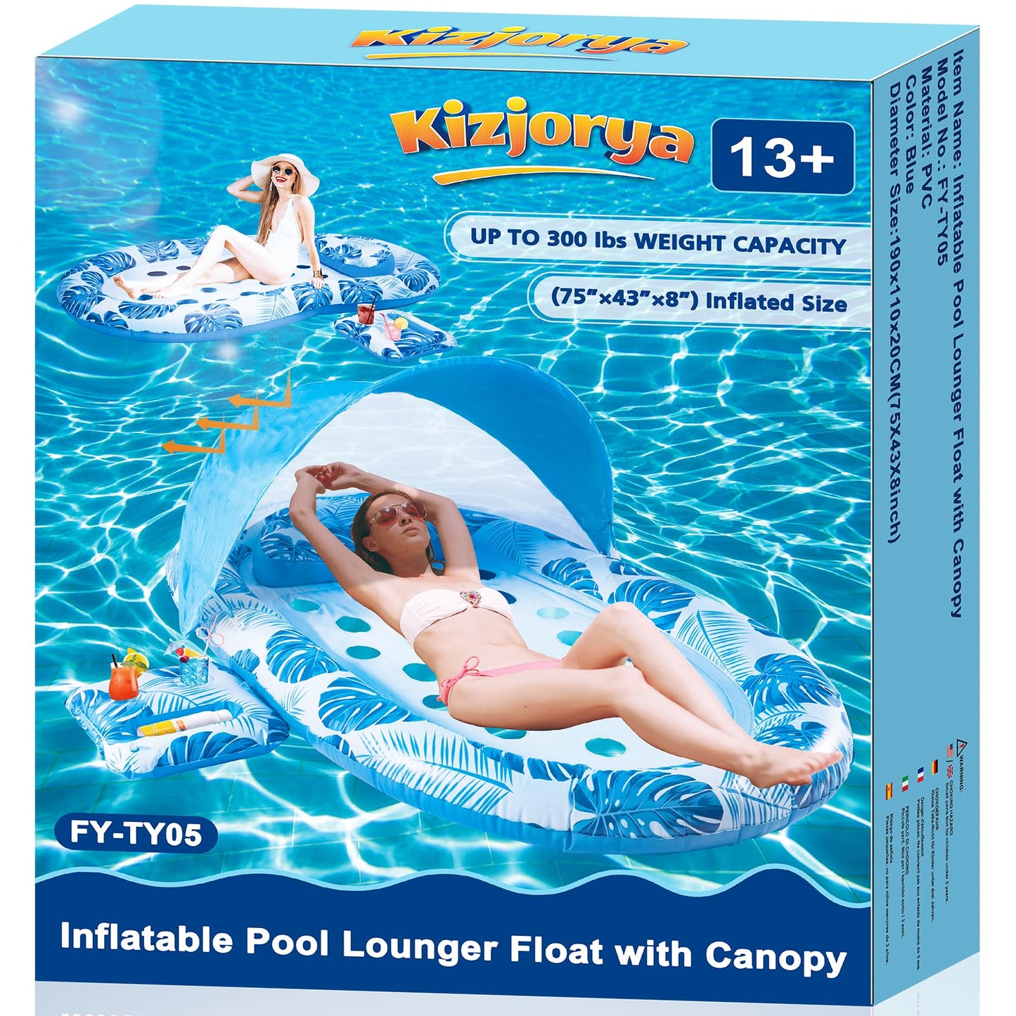 KIZJORYA 2025 New Pool Floats Adult with Canopy and Cup Holder, 3-in-1 Inflatable Pool Lounge Floaties for Swimming Pool Lake Beach Water, Raft Lounger Floating Chair for Adults Heavy Duty
