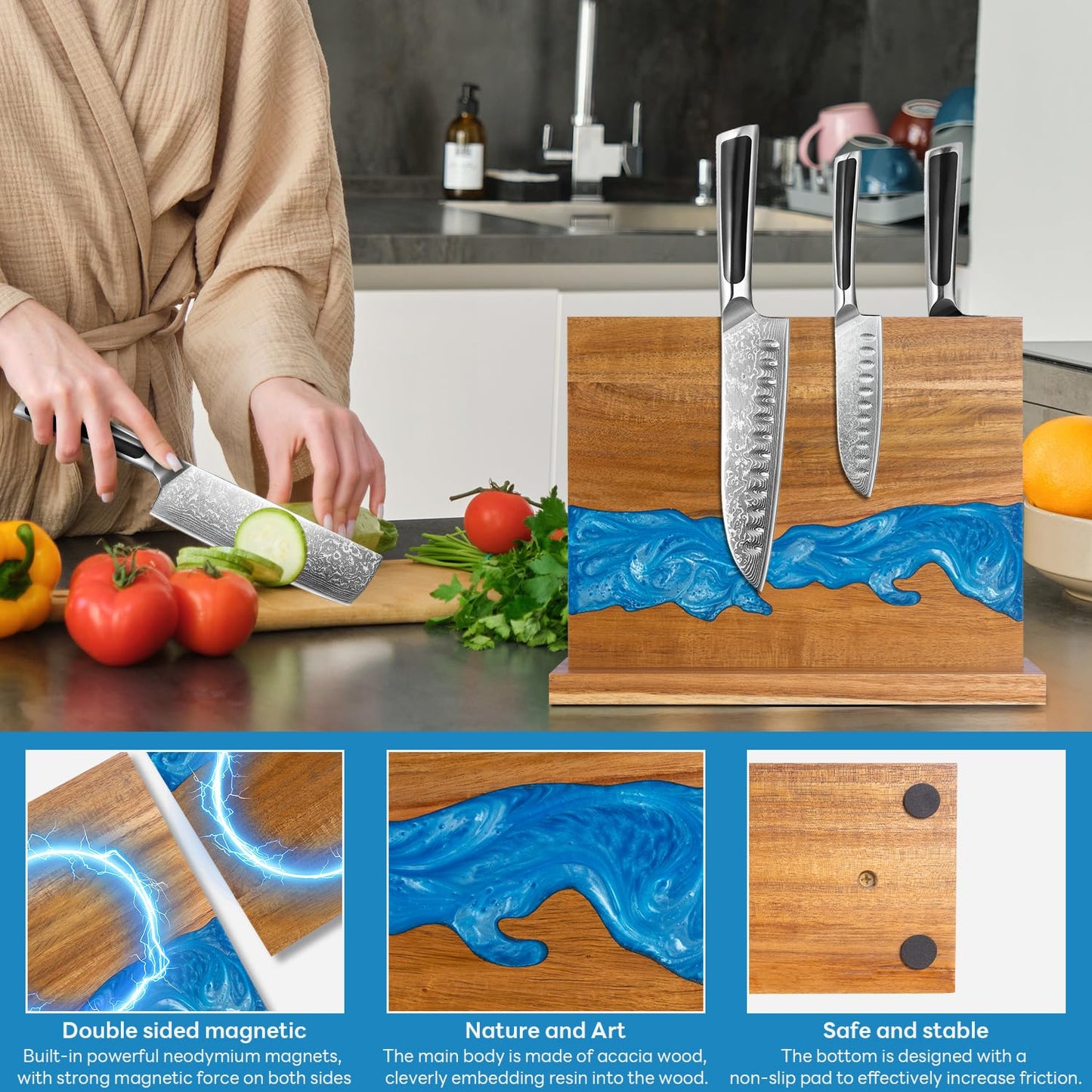 minyuexia magnetic knife holder - Acacia wood Magnetic Knife Block, Magnetic Knife Storage with double-sided magnetic, blue resin river, 12.59 × 9.84 inches (Without knife)