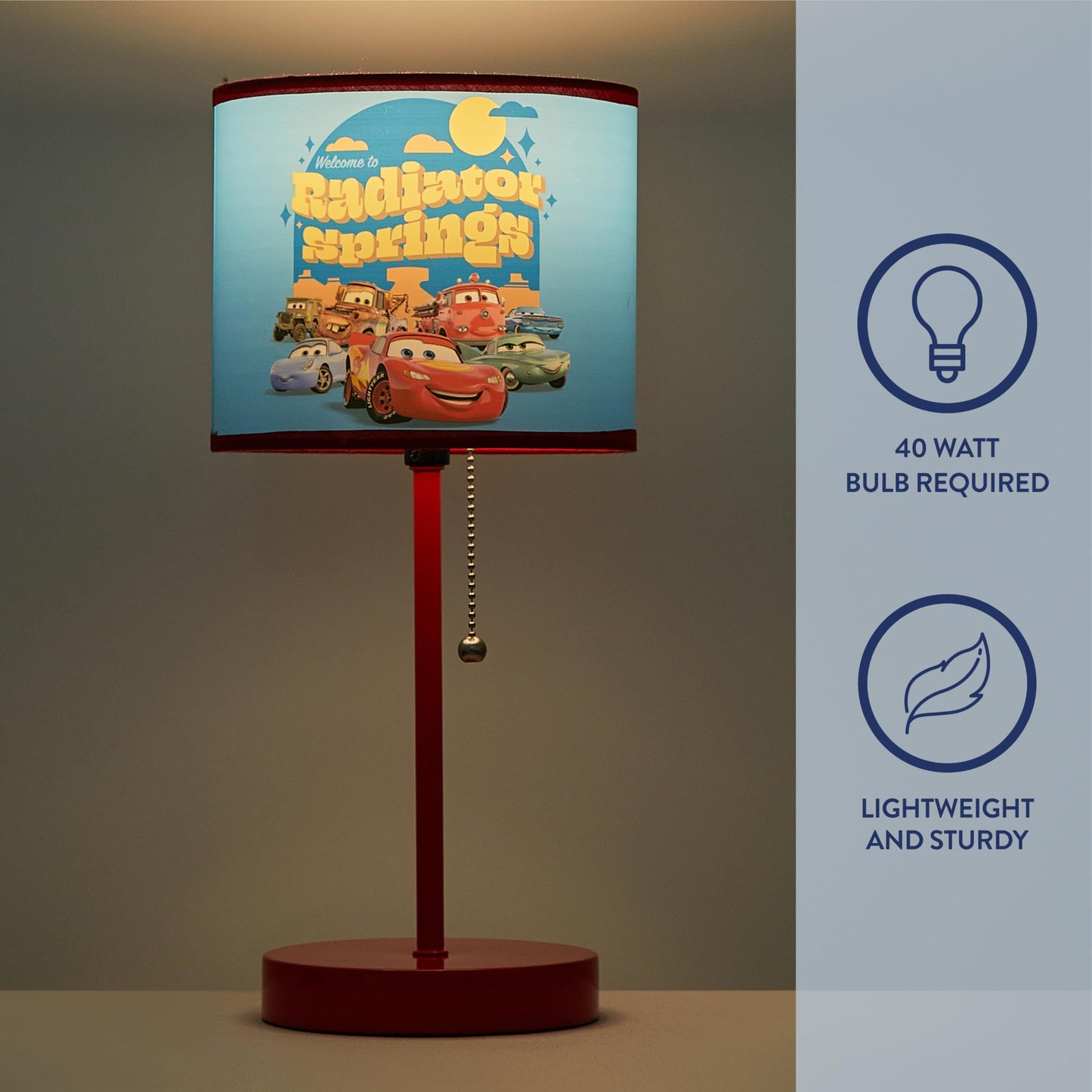 Idea Nuova Table Lamp for Kids, Stick Lamp with Printed Shade & Pull Chain, Bedroom or Nursery Nightstand Lighting,Cars