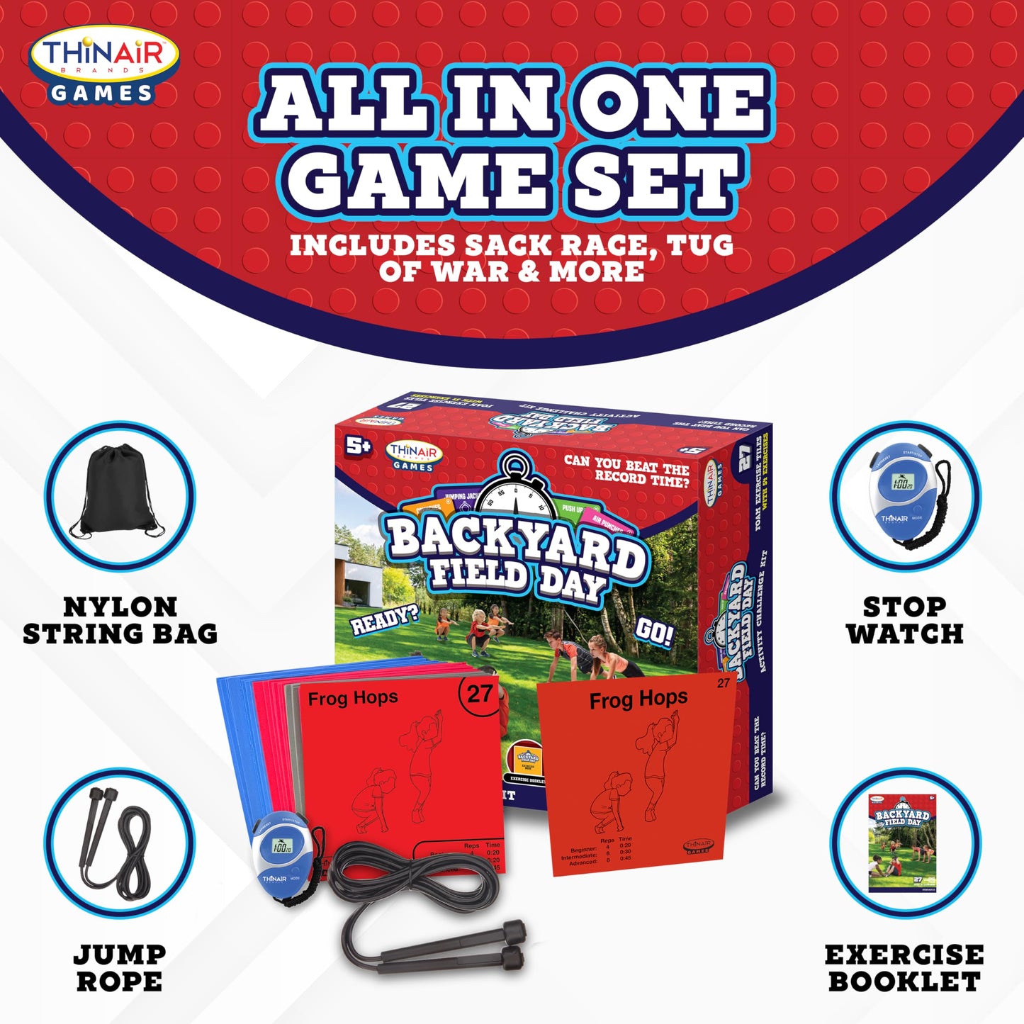 Backyard Field Day Obstacle Course Game – 27 Double-Sided Foam Challenge Tiles with 54 Kid-Friendly Exercises, Stopwatch, Jump Rope & Carry Bag – Outdoor Fitness Fun for Kids & Families