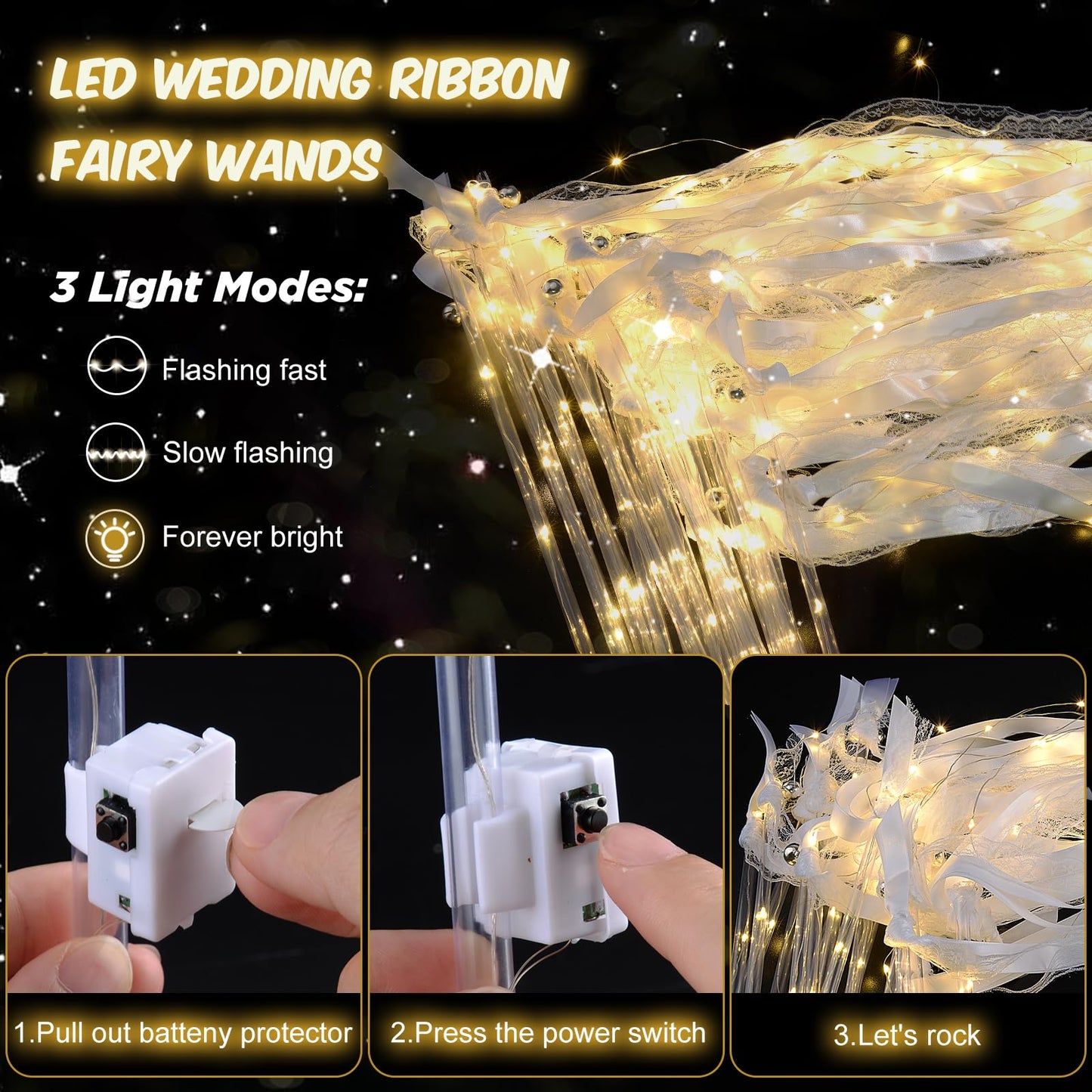 HONLYNE 68PCS Light up Wands for wedding, Wedding Wands Streamers with 3 Colorful Flashing Modes, Fairy Wands, LED Silk Fairy Wand with Bells for Wedding, New Year, Thanksgiving, Concert