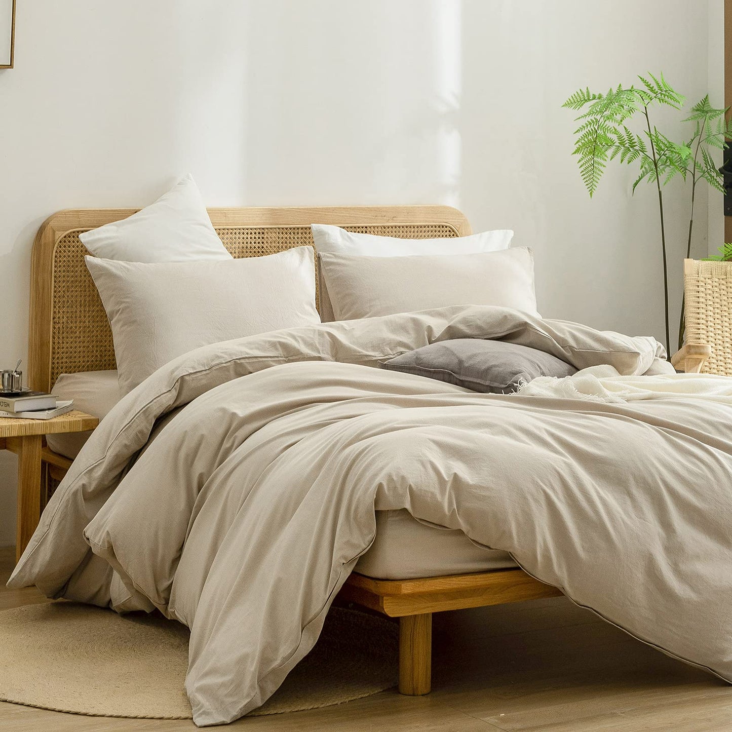 BESTOUCH Duvet Cover Set 100% Cotton Linen Feel Super Soft Comfortable Chic Lightweight 3 PCs Home Bedding Set Solid Almond Milk Grey King