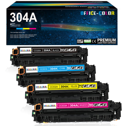 304A Toner Cartridges 4-Pack Replacement for HP 304A Works with Color Laserjet CP2025,CM2320fxi MFP,CM2320nf MFP,CM2320n MFP; Color CP2025dn,CP2025n Printers (Black,Cyan, Magenta, Yellow
